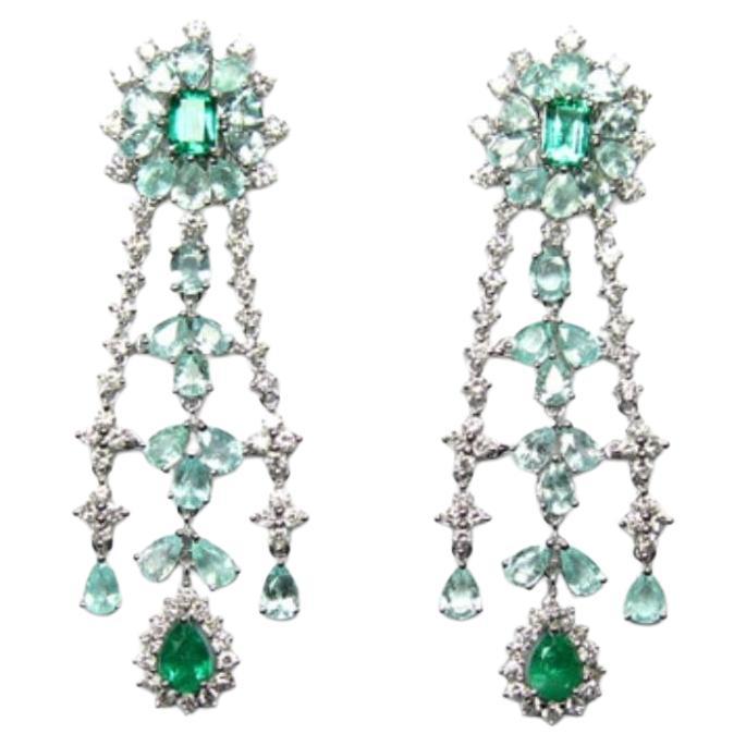 NWT $28, 600 18KT Gold Fancy Gorgeous Paraiba Diamond Emerald Dangle Earrings