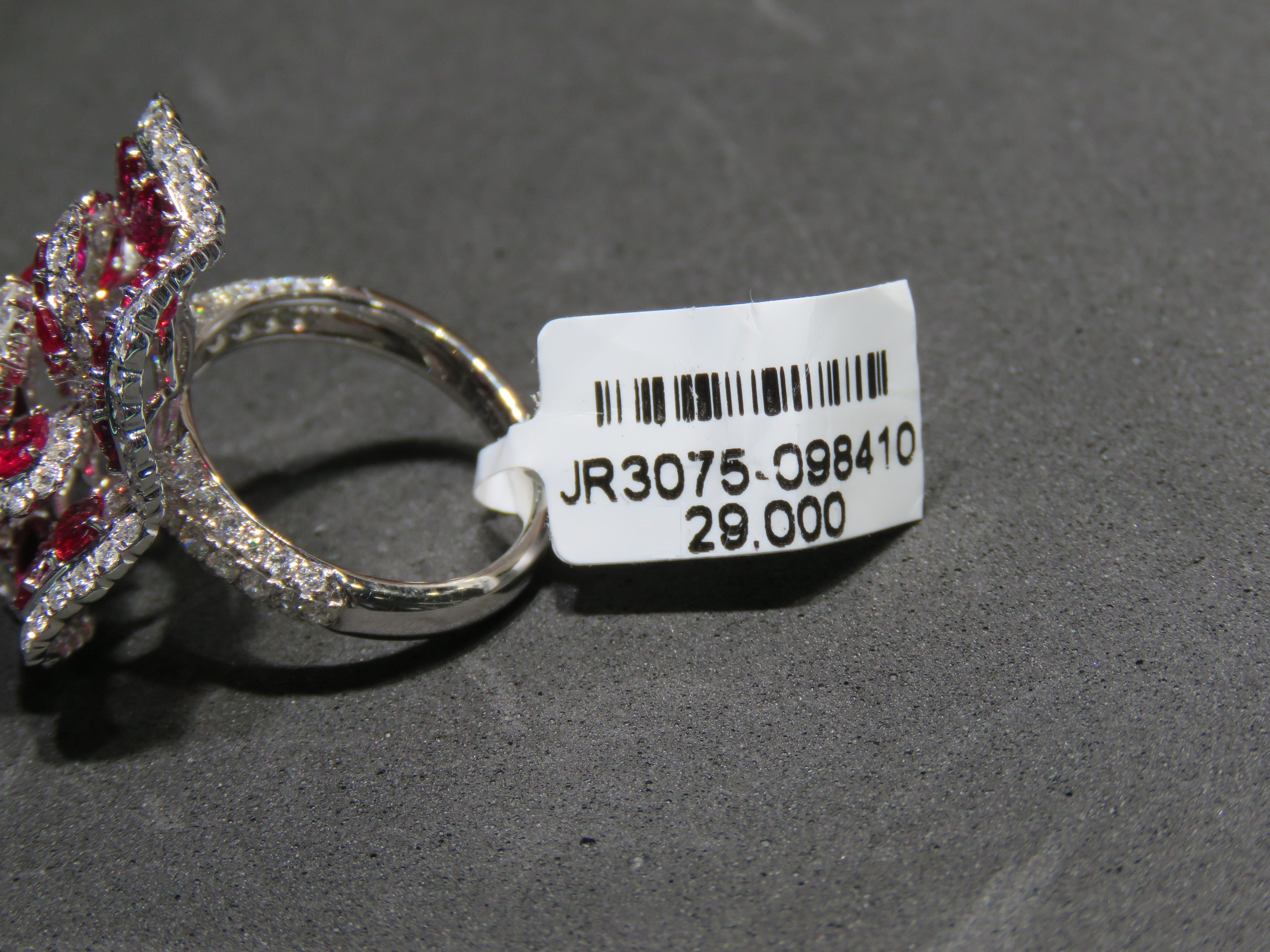 Women's NWT $29, 000 18KT Gold Glittering Gorgeous Fancy Ruby Flower Diamond Ring For Sale