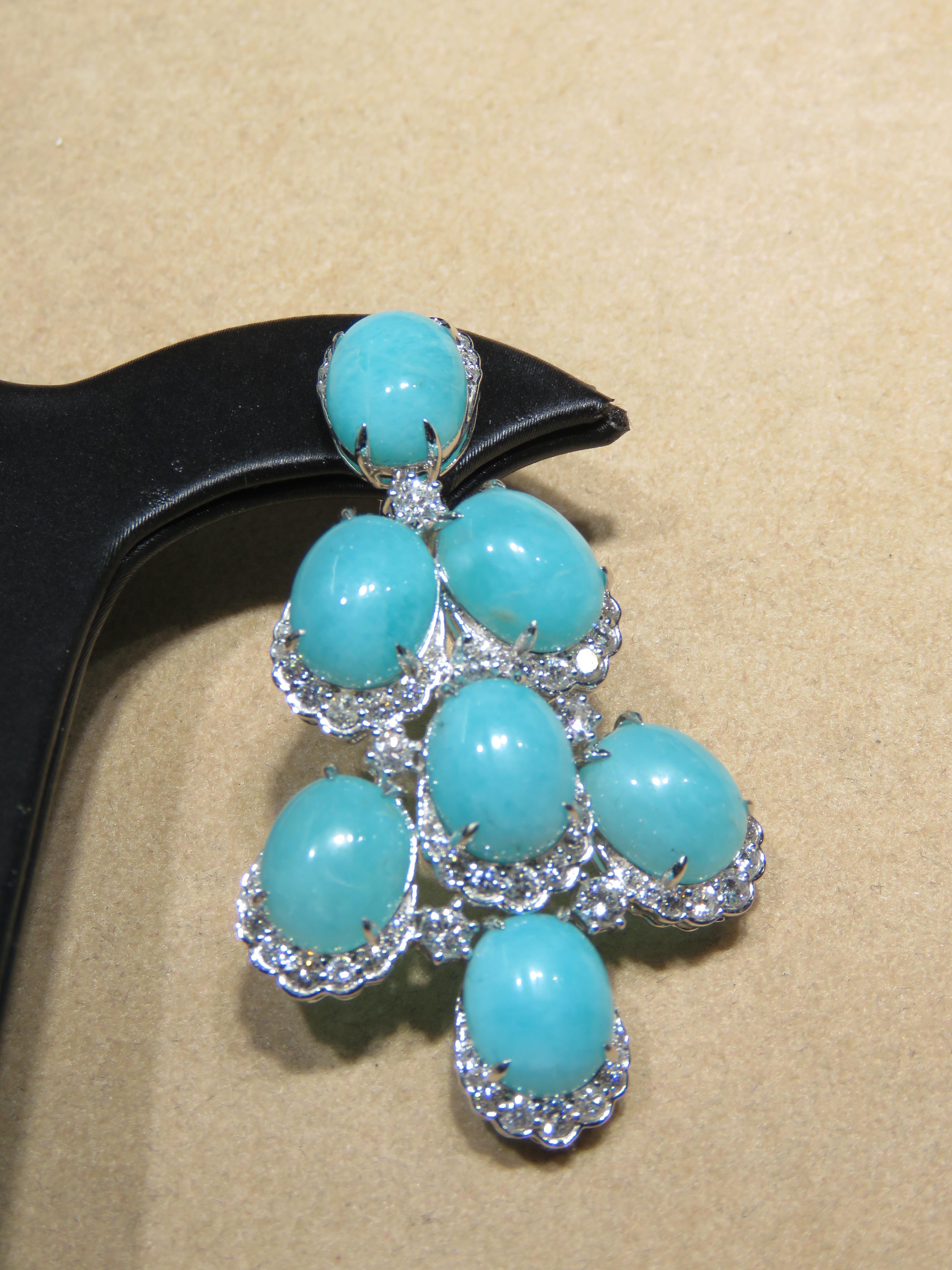 Oval Cut NWT $29, 000 Rare 18KT Gold Fancy Amazonite and Diamond Dangle Earrings For Sale
