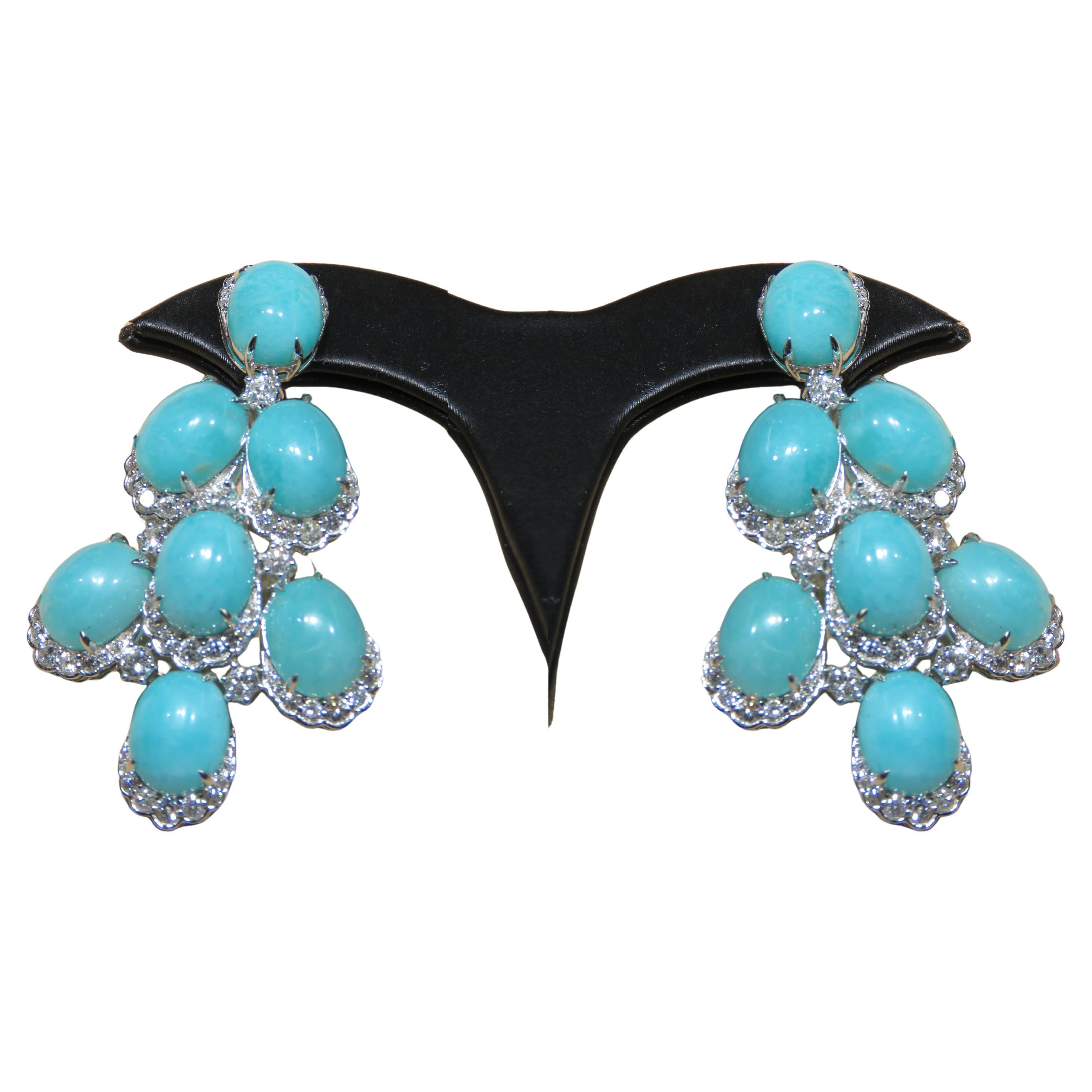 NWT $29, 000 Rare 18KT Gold Fancy Amazonite and Diamond Dangle Earrings For Sale