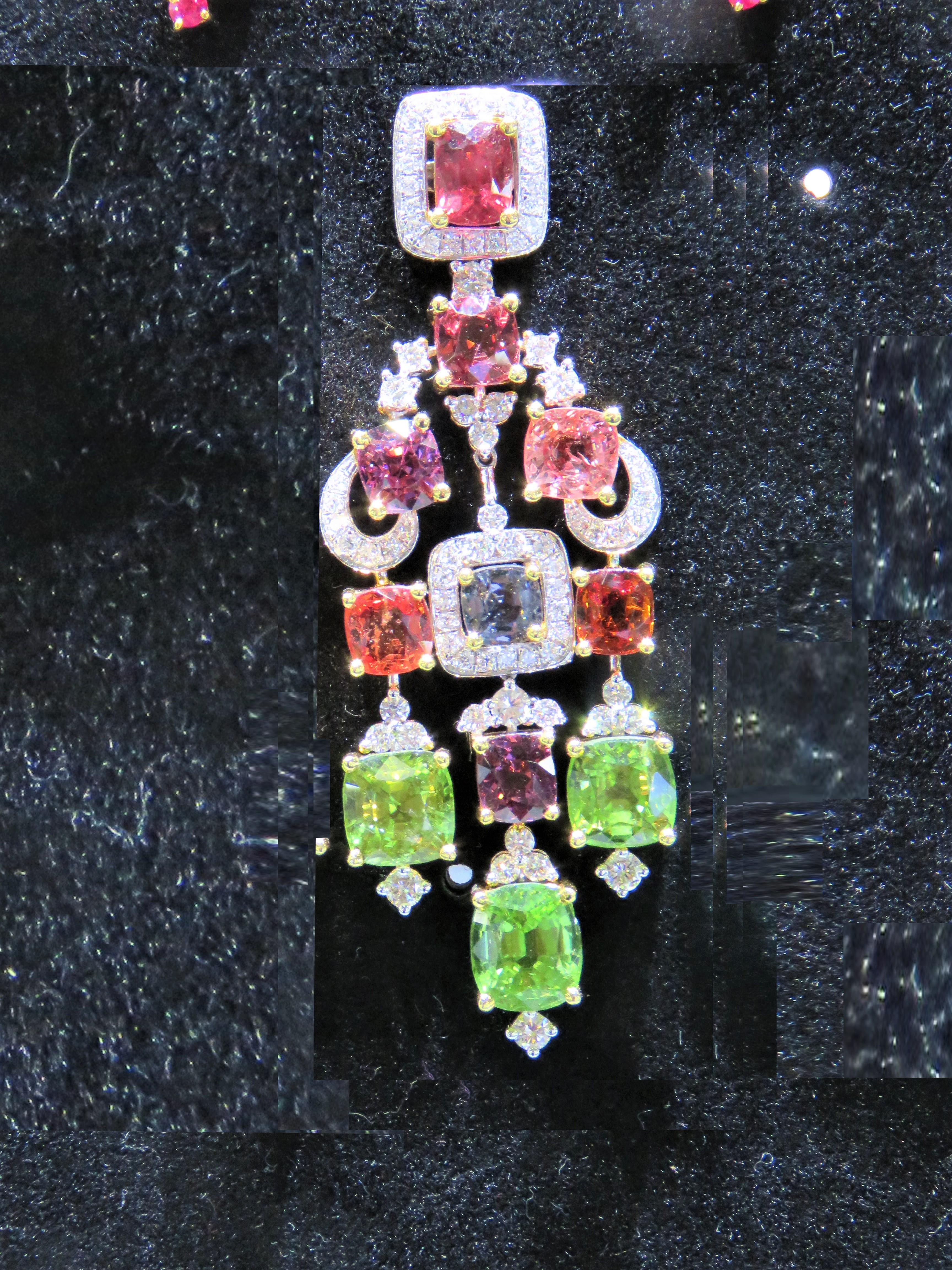 Mixed Cut NWT 29, 000 18KT Fancy Large Glittering Rare Colorful Spinel Diamond Earrings For Sale