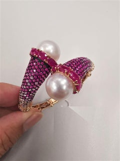 NWT $29, 459 18KT Rare Fancy South Sea Pearl 20CT Glittering Ruby Diamond Bangle