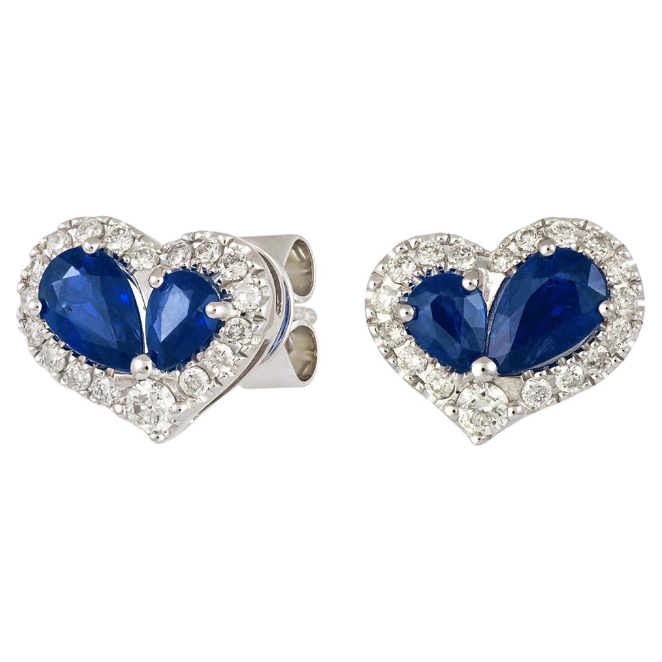 NWT $3, 300 Boucles d'oreilles en or 18KT, saphir bleu, diamant, cœur fantaisie en vente