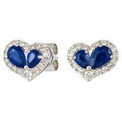 NWT $3, 300 Boucles d'oreilles en or 18KT, saphir bleu, diamant, cœur fantaisie