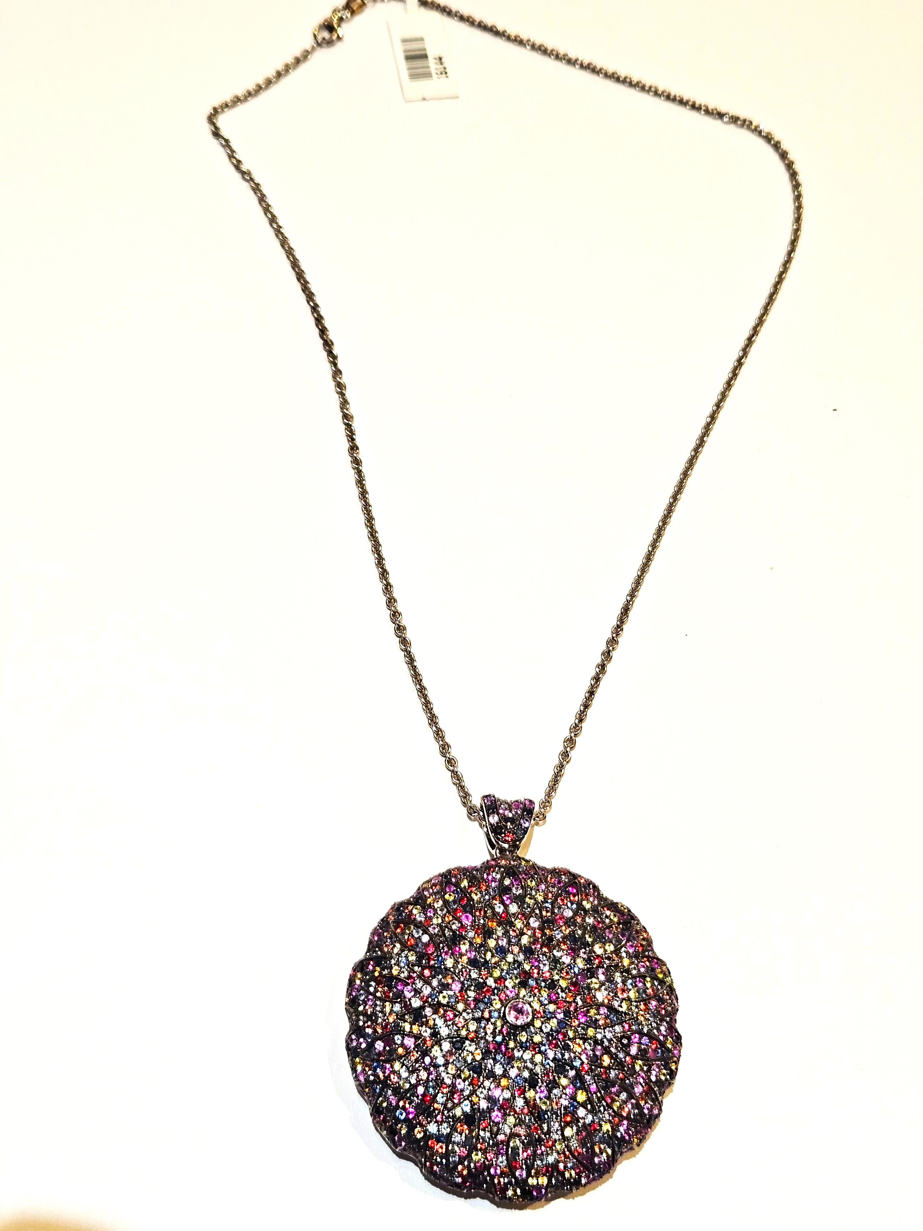 Mixed Cut NWT $3, 500 Fancy Glittering Rainbow Sapphire Medallion Pendant Necklace For Sale