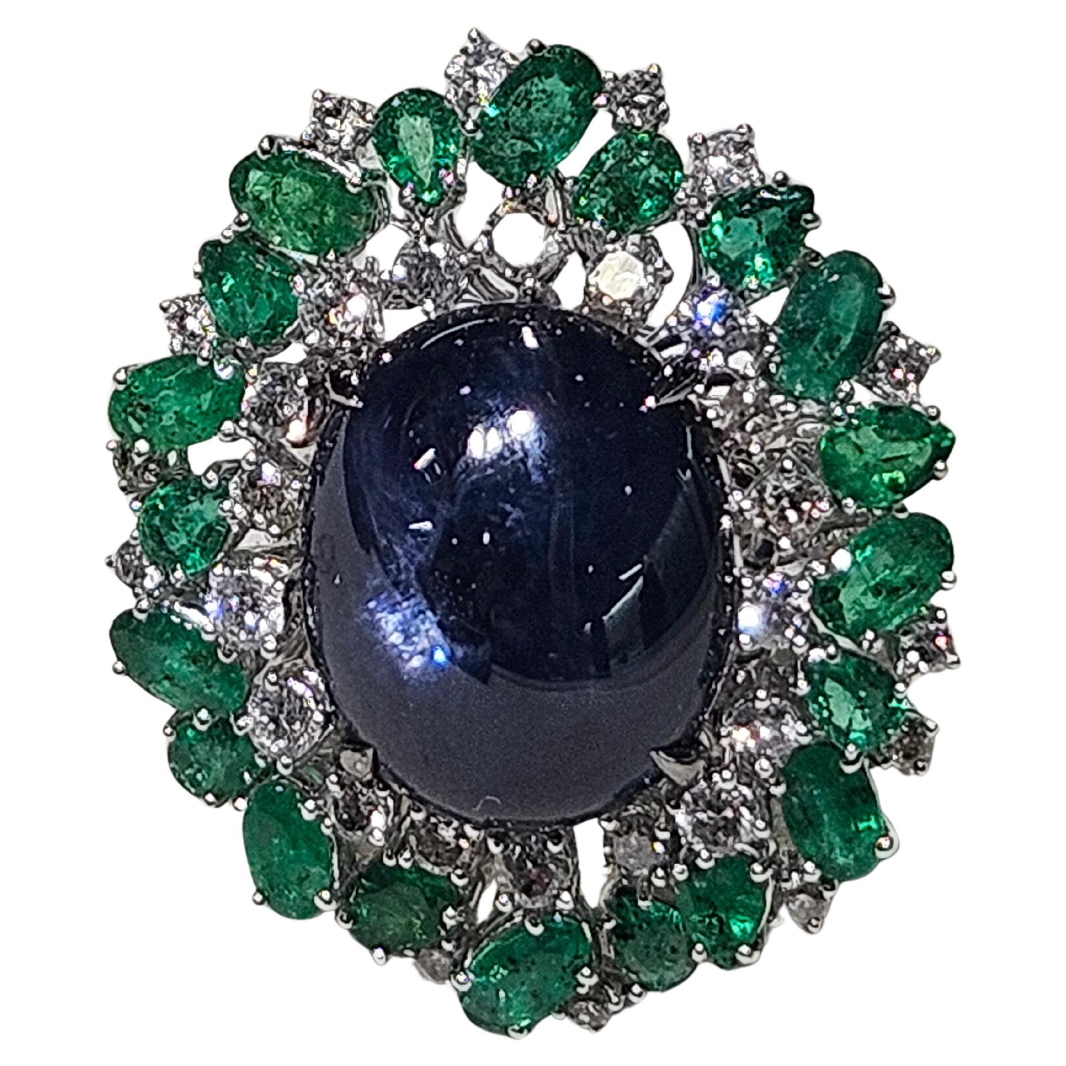 NWT $30, 000 18KT Fancy Large Glittering 22CT Blue Sapphire Diamond Emerald Ring