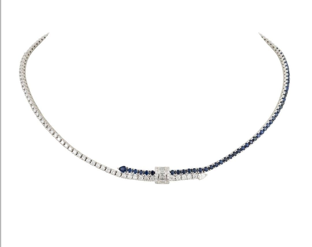 Il seguente articolo è una rara collana di diamanti e zaffiri blu in oro bianco 18KT. La collana è composta da splendidi zaffiri a forma di fantasia finemente incastonati e impreziositi da diamanti!!! Gli zaffiri e i diamanti sono di qualità
