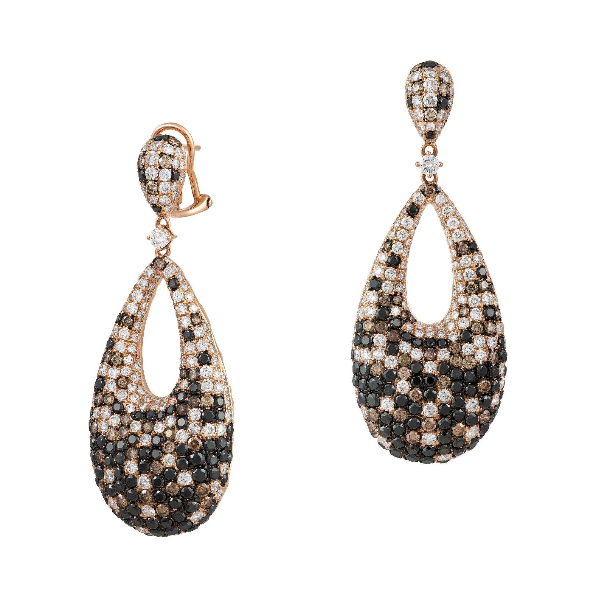 Taille mixte NWT $33, 000 Boucles d'oreilles en or 18KT Fancy Large White Diamond Black Diamond Cognac en vente