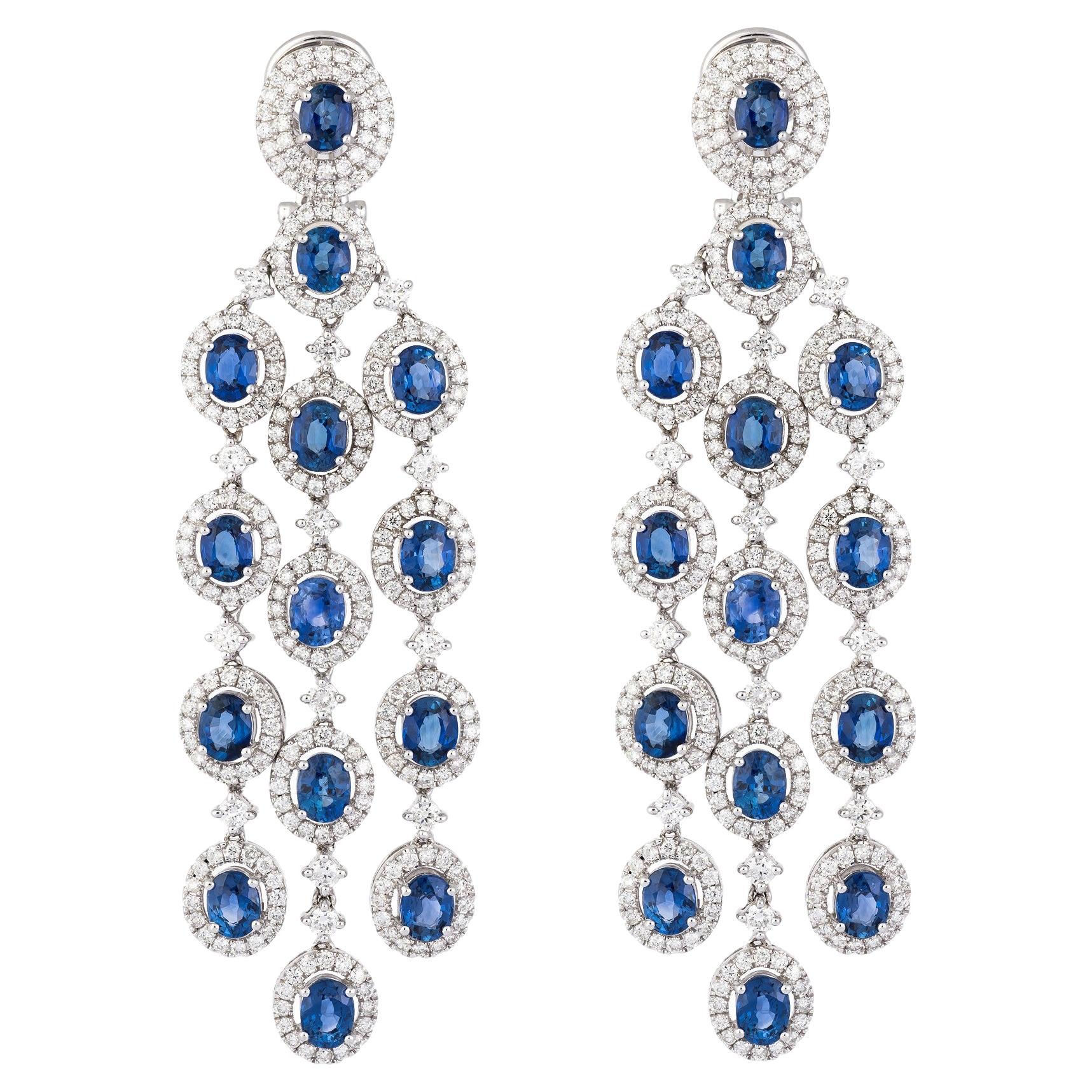 NWT $36, 000 18KT Gold Glittering Fancy Blue Sapphire Diamond Dangle Earrings For Sale