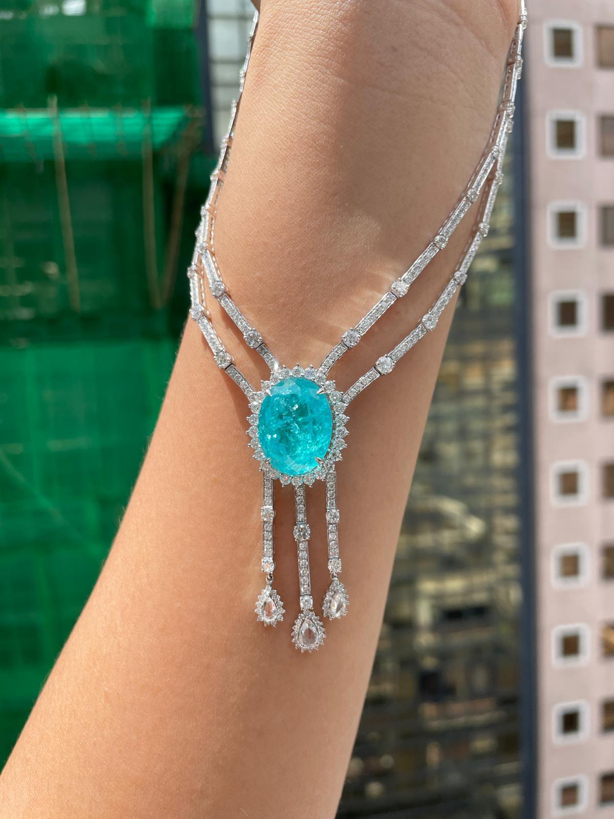 NWT 360, 000 18KT Magnifica collana di diamanti con tormalina Paraiba da 38 carati in vendita 3