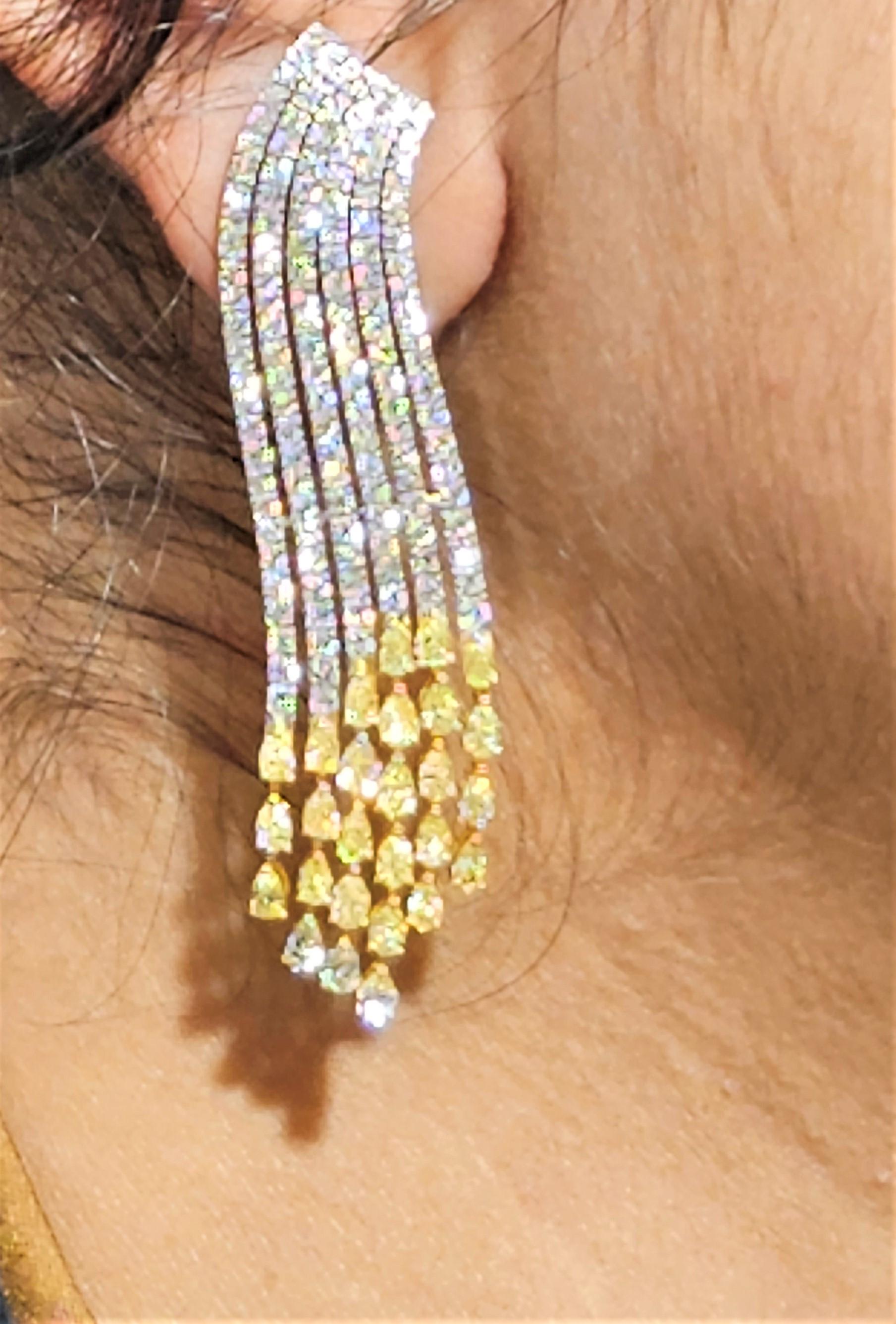 Women's NWT $36, 000 Rare 12ct Fancy Yellow Diamond White Diamond Fringe Dangle Earrings For Sale