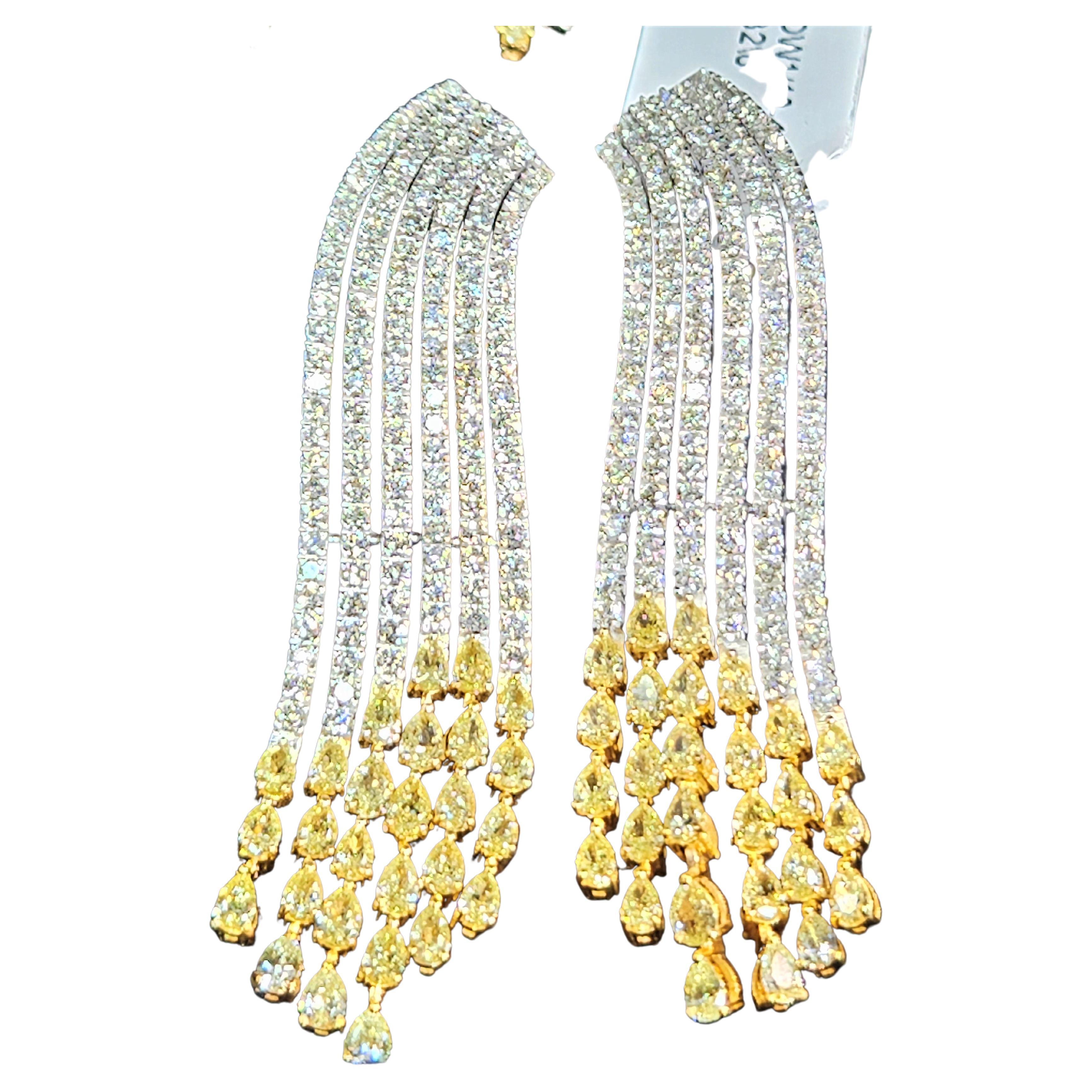 NWT $36, 000 Rare 12ct Fancy Yellow Diamond White Diamond Fringe Dangle Earrings For Sale