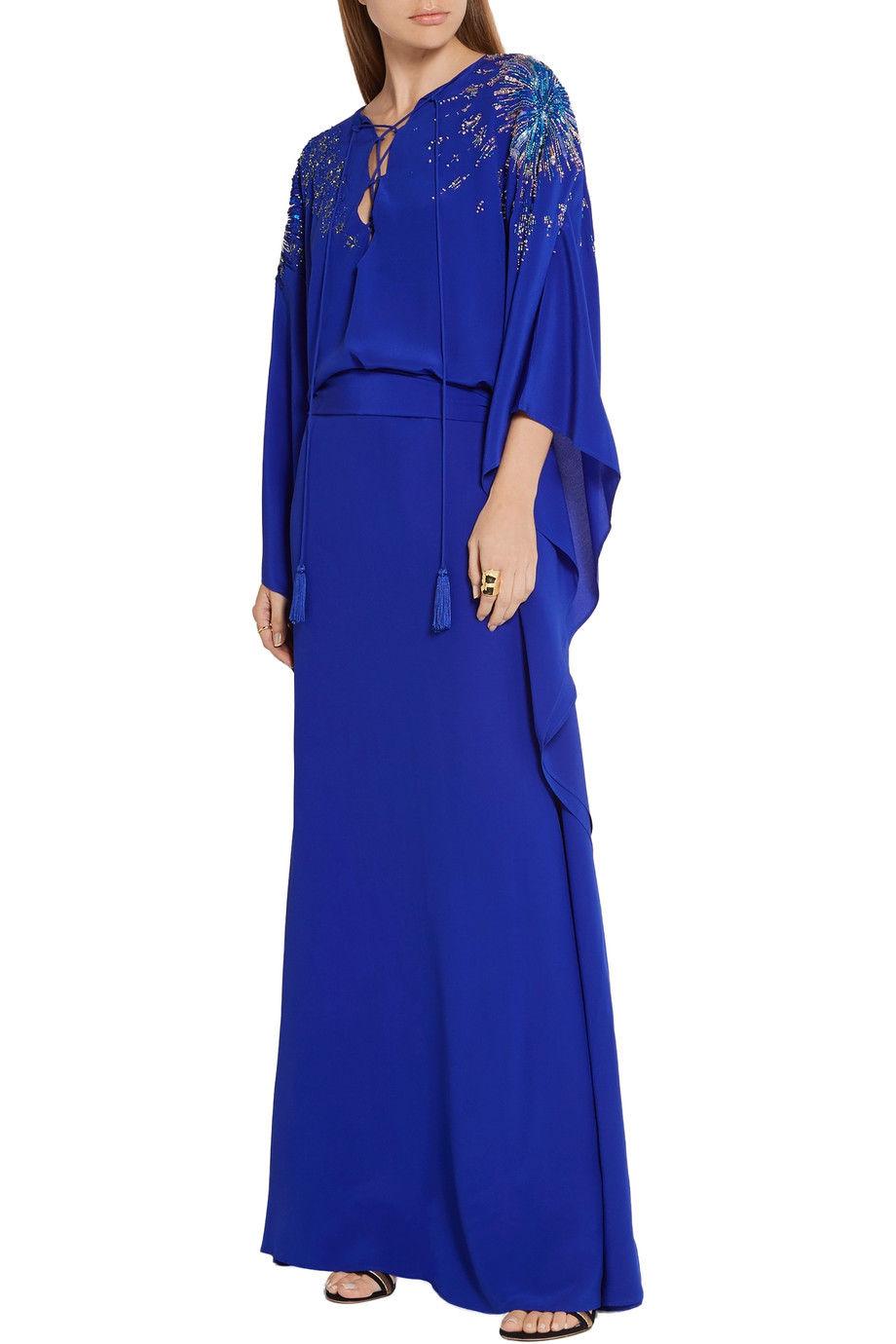 NWT $3650 Roberto Cavalli Blue Silk Firework Embellished Caftan 40 Oversize In New Condition For Sale In Montgomery, TX