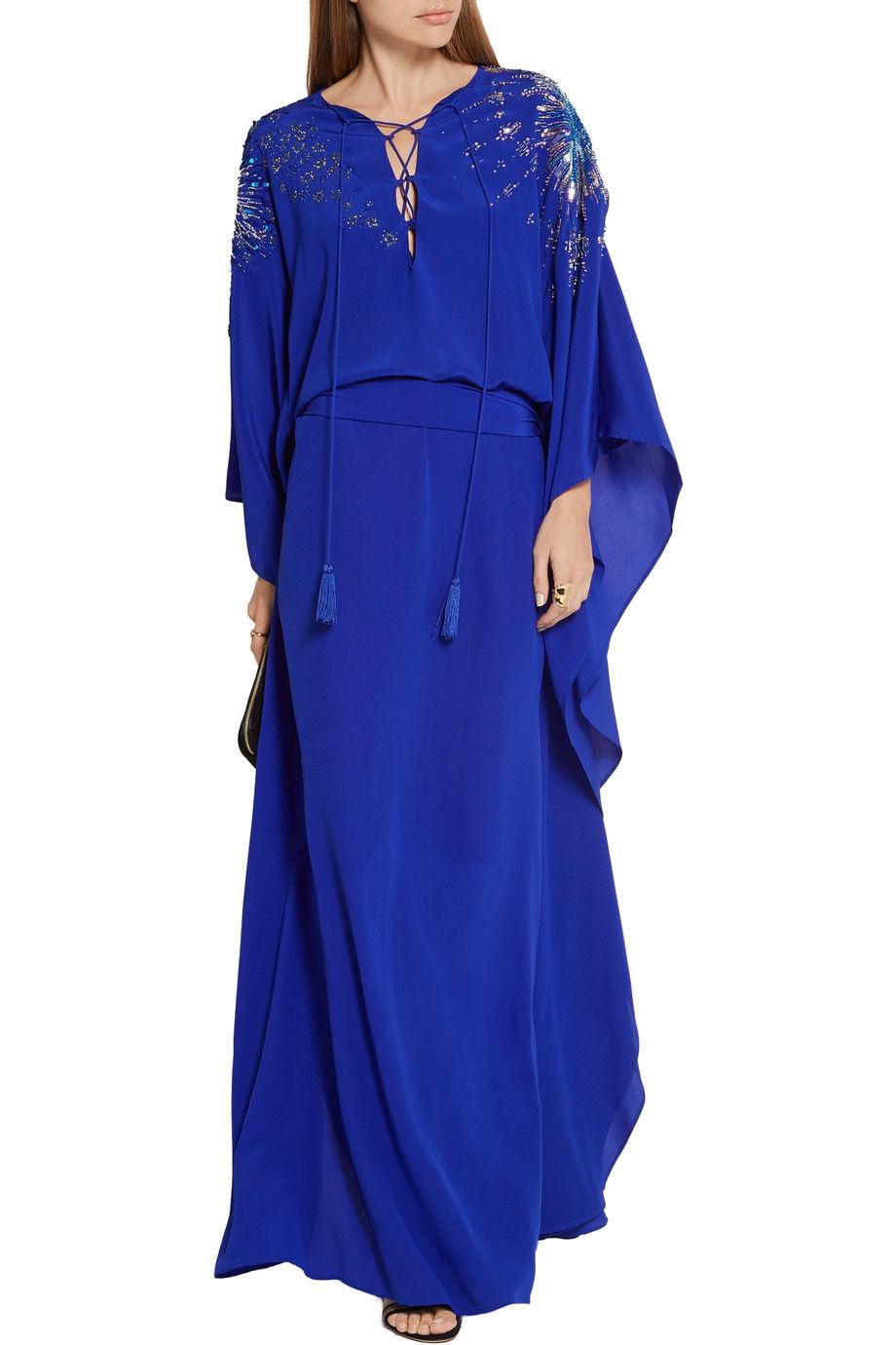 Women's NWT $3650 Roberto Cavalli Blue Silk Firework Embellished Caftan 40 Oversize For Sale