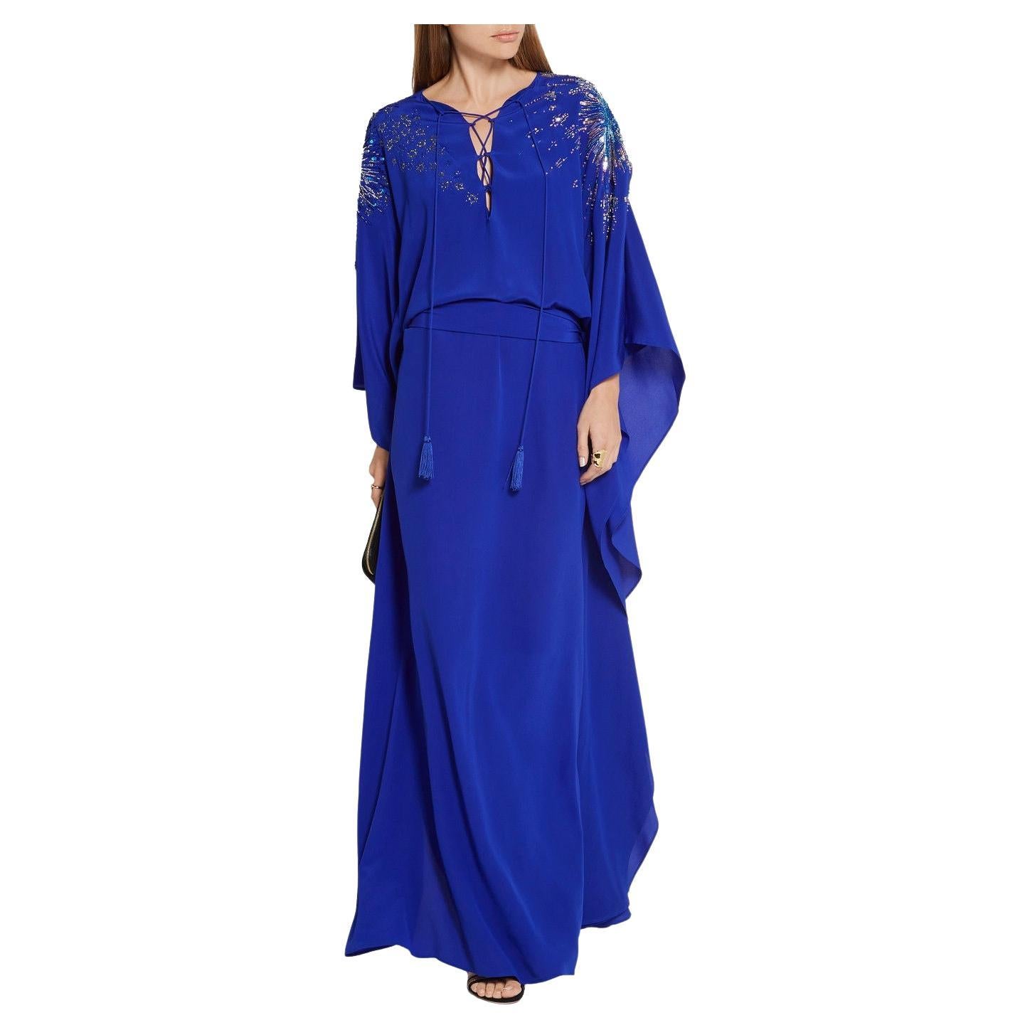 NWT $3650 Roberto Cavalli Blue Silk Firework Embellished Caftan 40 Oversize For Sale