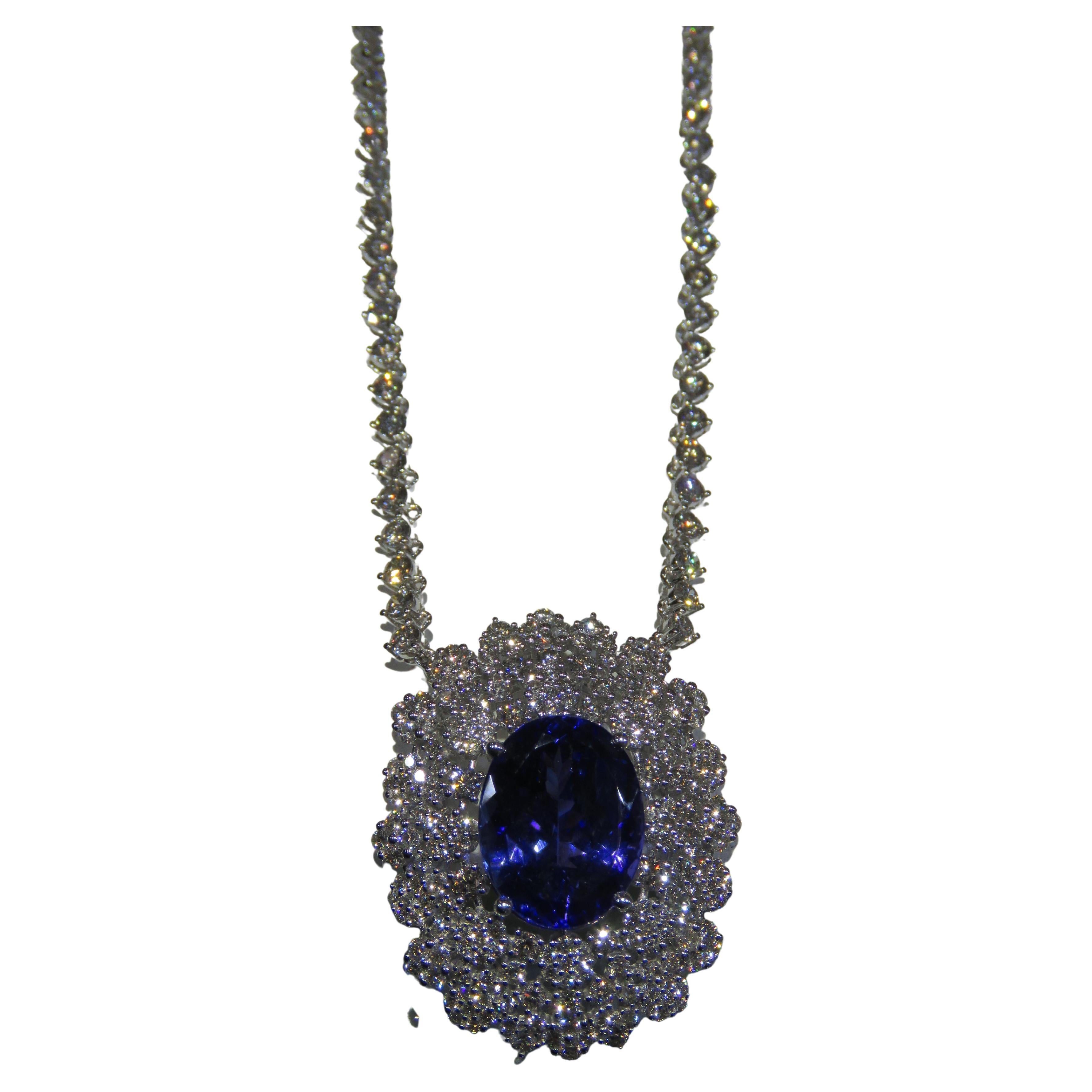 NWT $36, 769 Rare Gorgeous 18KT Gold Fancy Tanzanite and Diamond Pendant Necklace For Sale