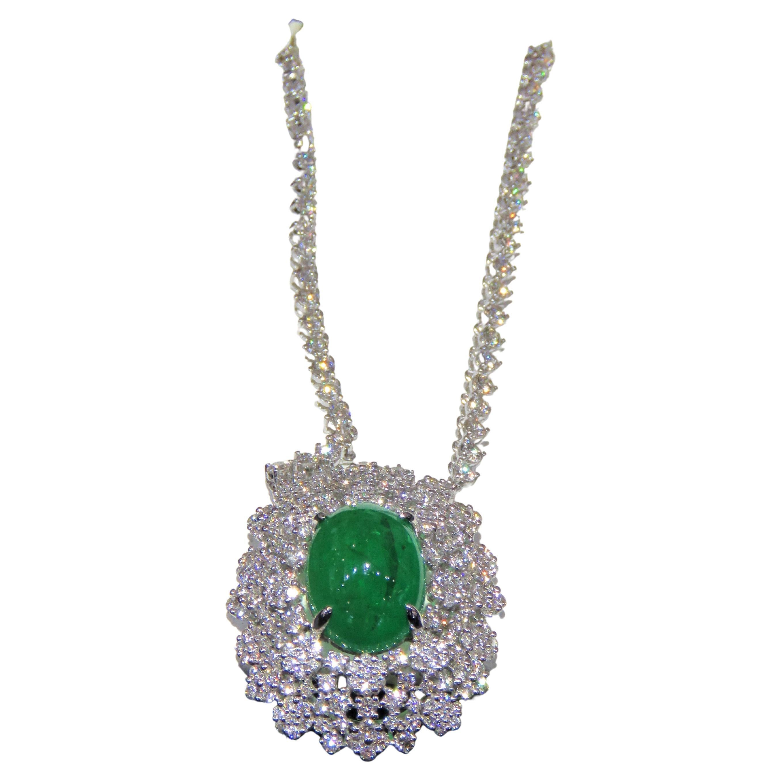 NWT $36, 839 Rare Gorgeous 18KT Gold Fancy Cabochon Emerald and Diamond Necklace For Sale