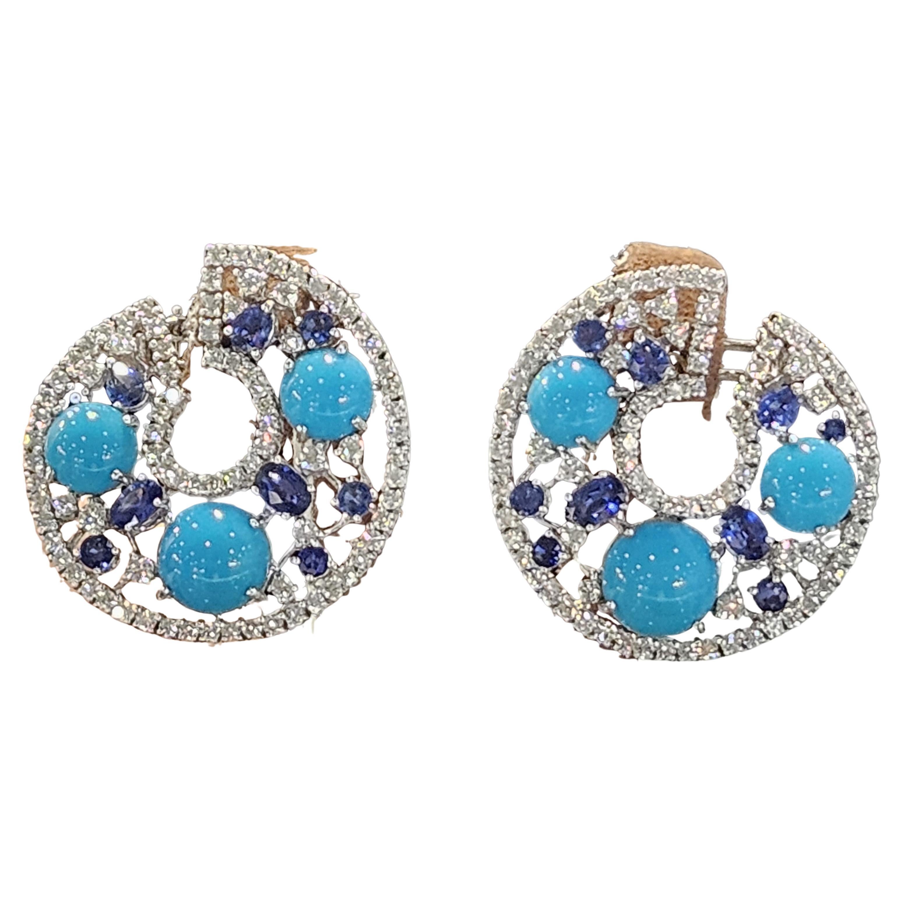 NWT $37, 160 18KT Gold Large Fancy Gorgeous Turquoise Sapphire Diamond Earrings