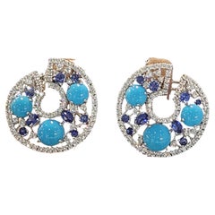 NWT $37, 160 18KT Gold Large Fancy Gorgeous Turquoise Sapphire Diamond Earrings