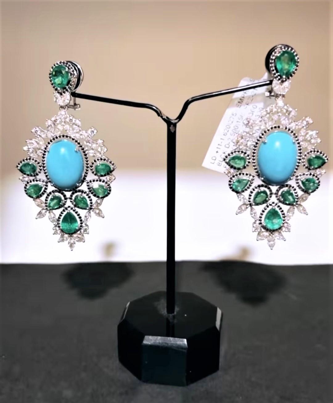 NWT $37, 500 18KT 40CT Glittering Fancy Turquoise Green Emerald Diamond Earrings In New Condition For Sale In New York, NY