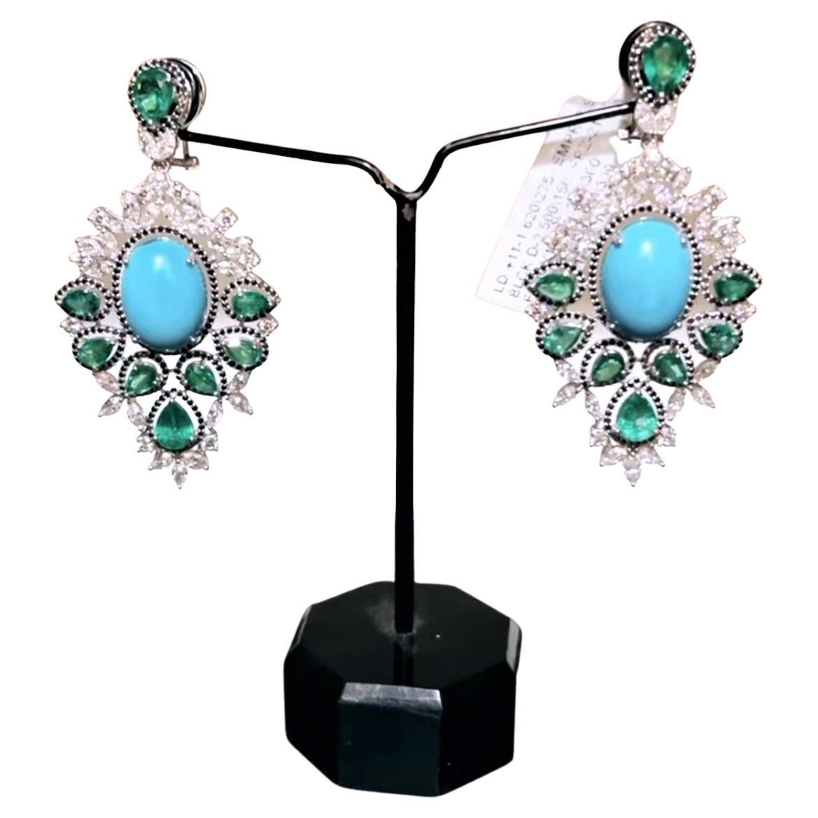 NWT $37, 500 18KT 40CT Glittering Fancy Turquoise Green Emerald Diamond Earrings For Sale
