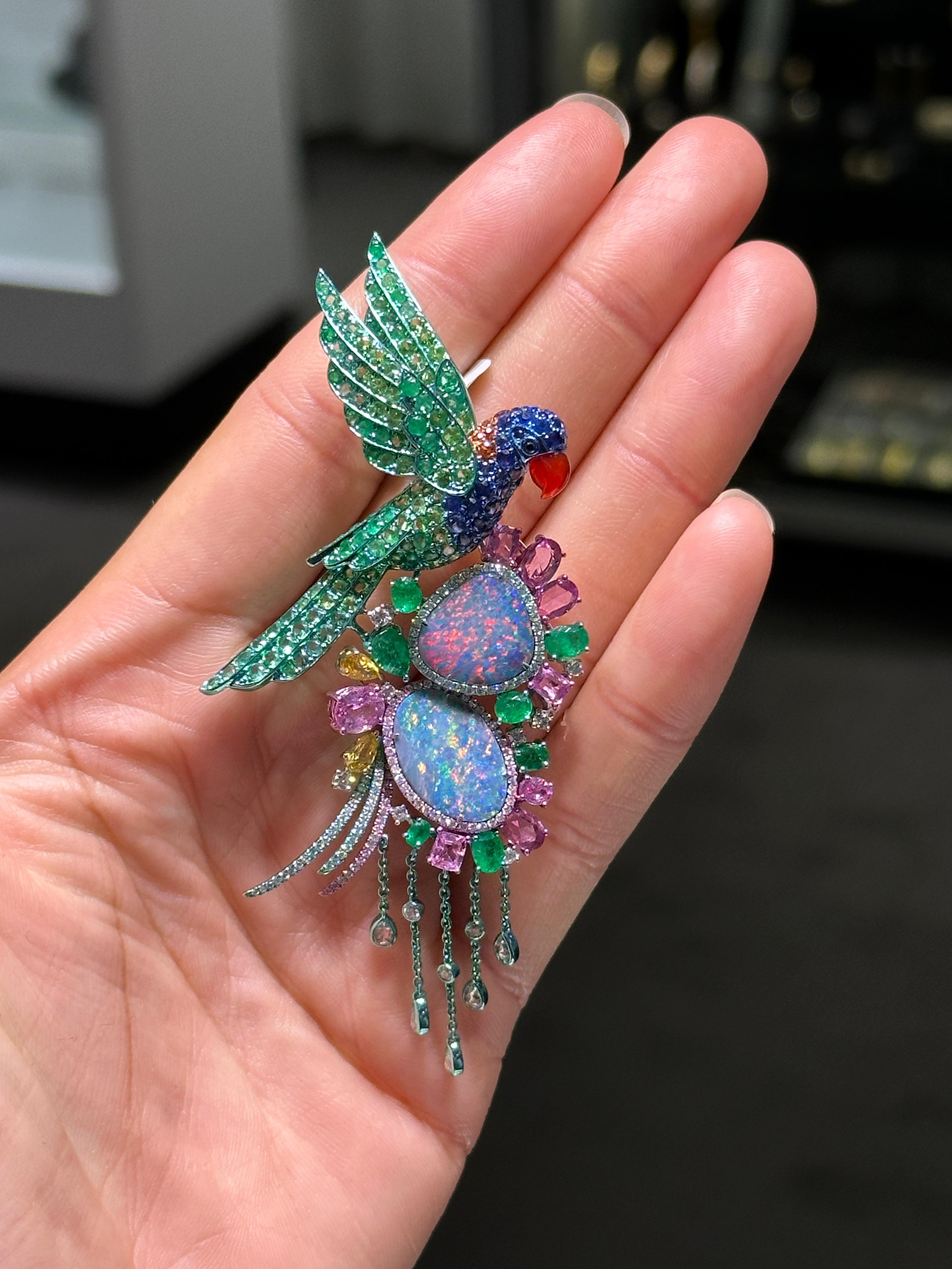The Following Item we are offering is a Rare Important Radiant Back Opal Sapphire and Diamond Parrot Brooch Pin Pendant. This Rare Piece Magnificent Rare Multi Colored Sapphires, Fancy Black Opals, Emeralds and Diamonds. Stones are Very Clean and