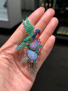 NWT $38, 000 Rare 18KT Black Opal Fancy Parrot Diamond Sapphire Emerald Brooch