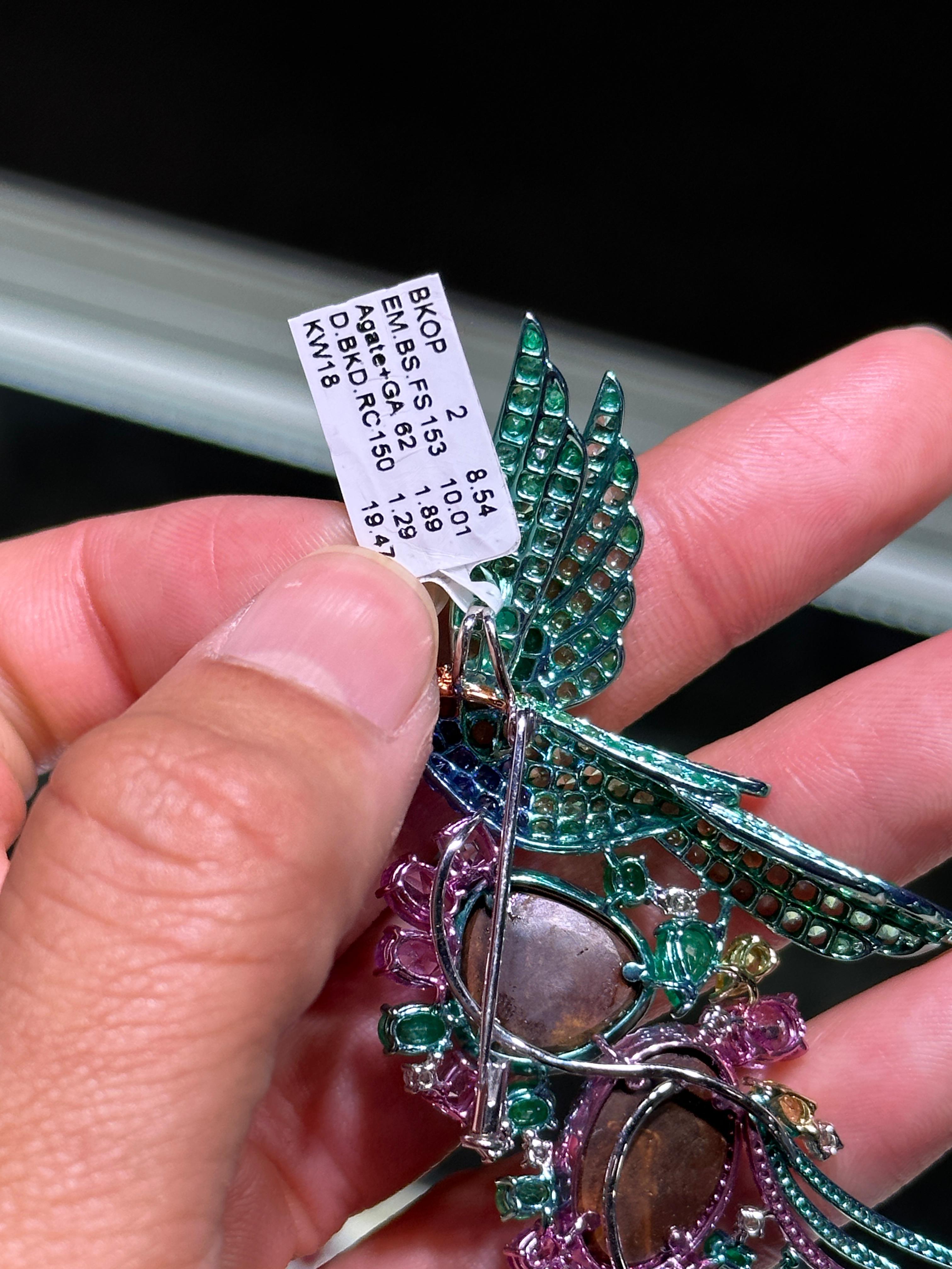 Mixed Cut NWT $38, 000 Rare 18KT Black Opal Fancy Parrot Diamond Sapphire Emerald Brooch For Sale