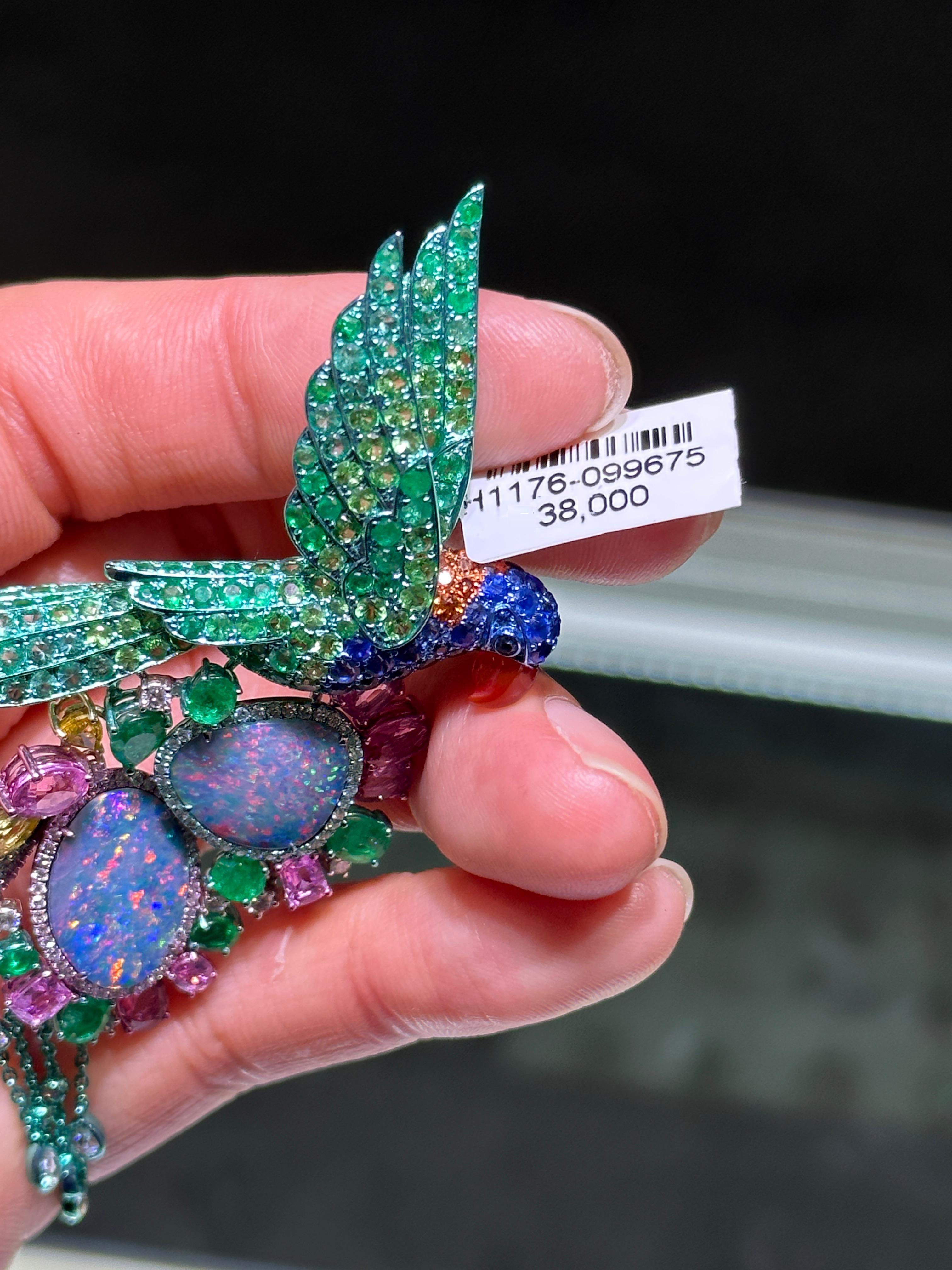 NWT $38, 000 Rare 18KT Black Opal Fancy Parrot Diamond Sapphire Emerald Brooch In New Condition For Sale In New York, NY