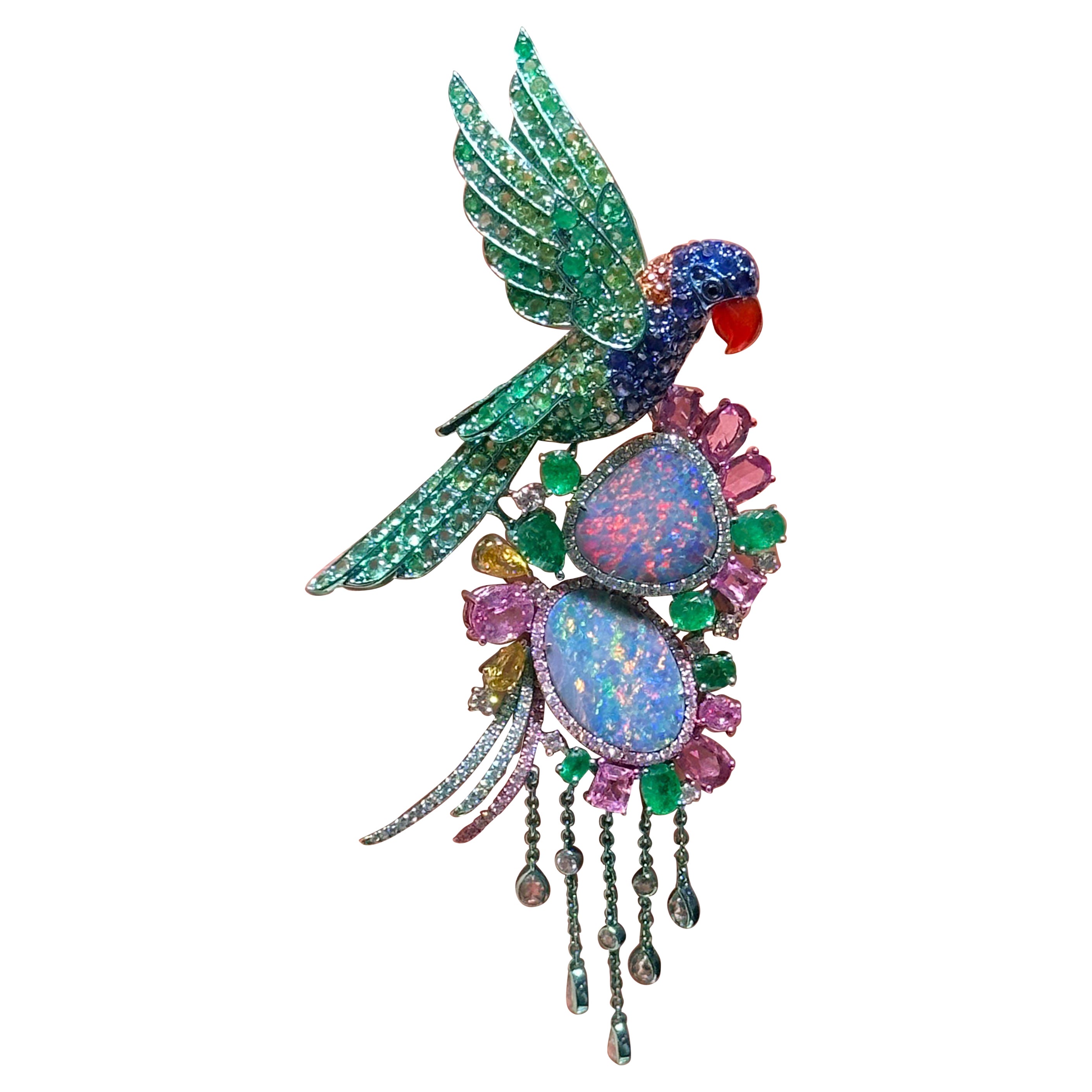 NEU $38, 000 Seltene 18KT Schwarzer Opal Fancy Papagei Diamant Saphir Smaragd Brosche