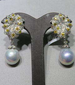 NWT $38, 000 18KT Gold Rare Lrg South Sea Pearl Gorgeous Yellow Diamond Earrings