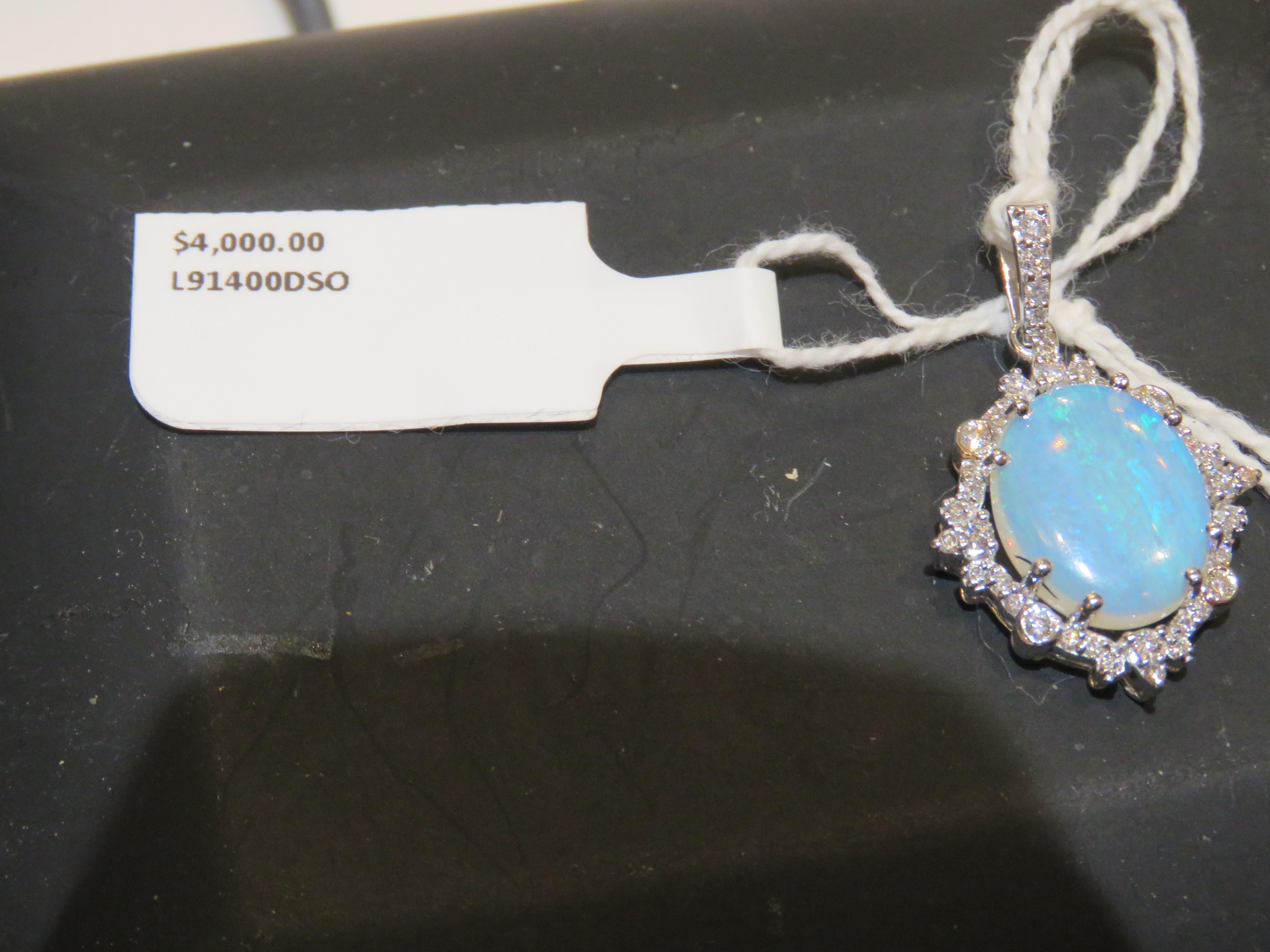 Women's NWT $4, 000 Rare 18KT Fancy Glittering Ethiopian Neon Blue Opal Diamond Pendant For Sale