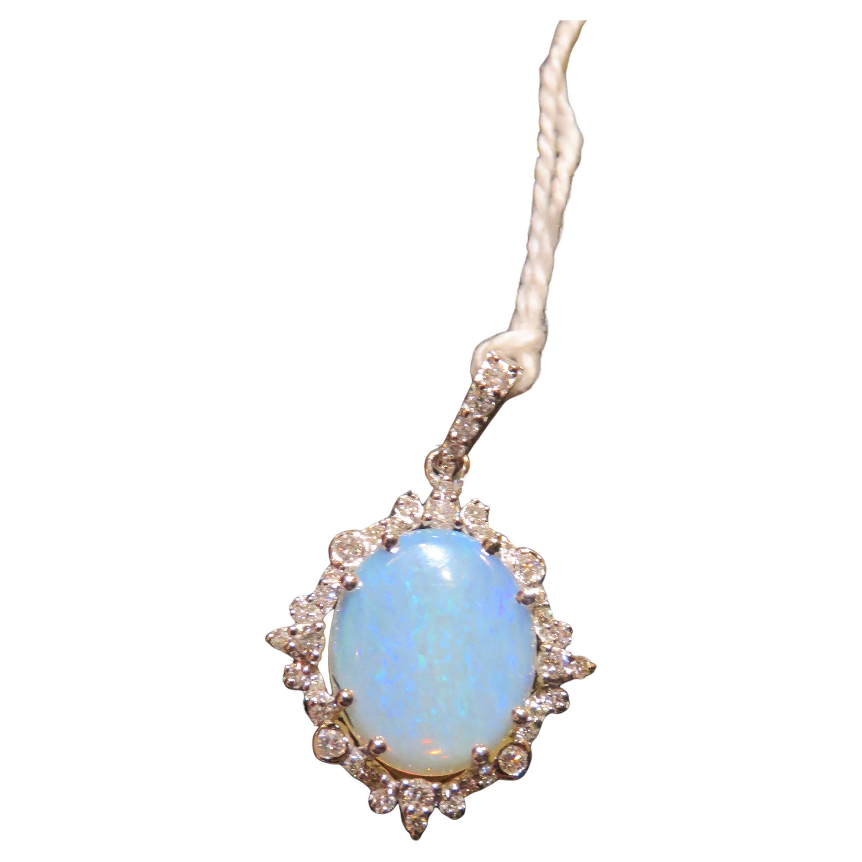 NWT $4, 000 Rare 18KT Fancy Glittering Ethiopian Neon Blue Opal Diamond Pendant For Sale