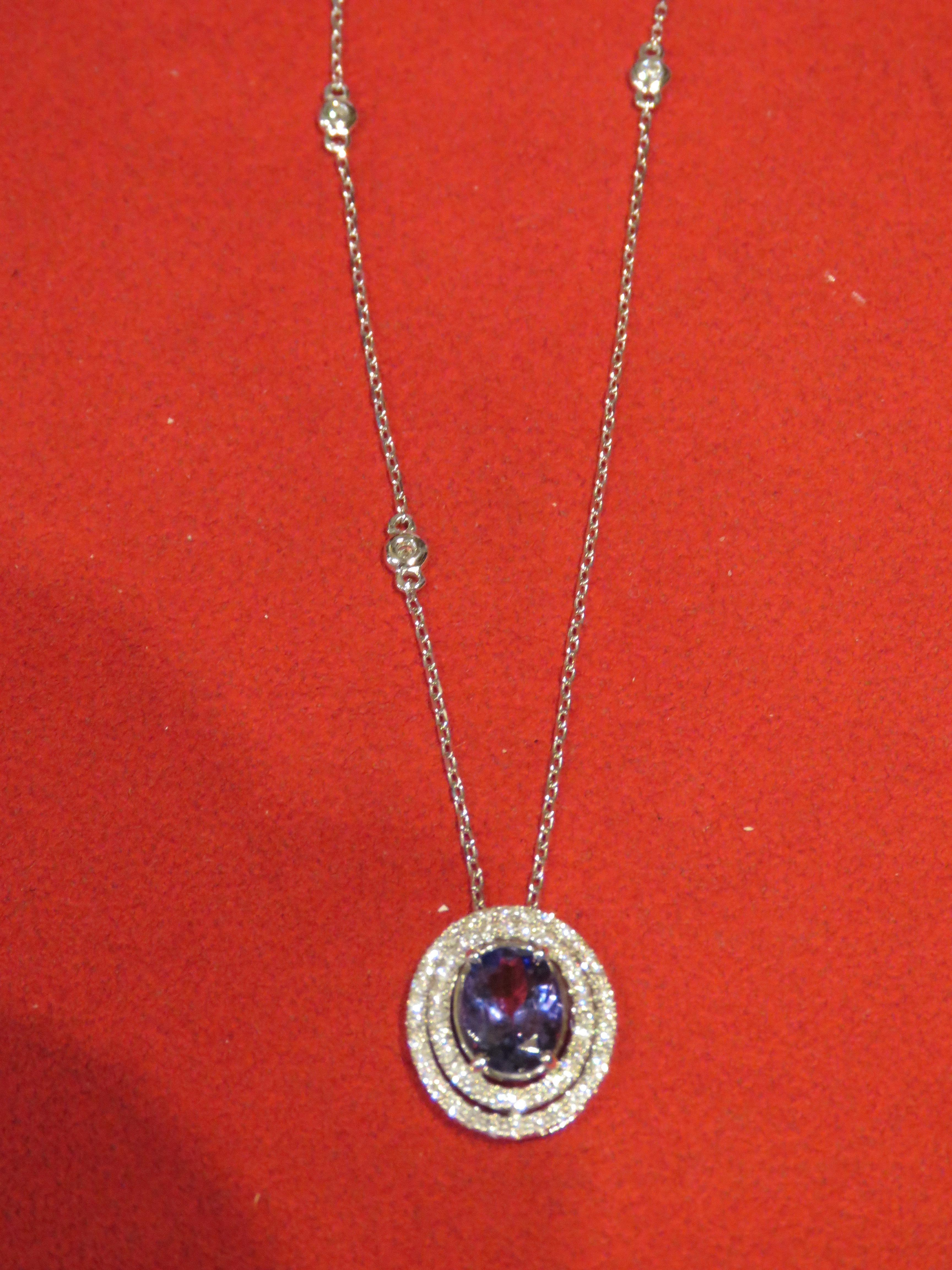Oval Cut NWT $4, 000 Rare Gorgeous 18KT Gold Fancy Tanzanite and Diamond Pendant Necklace For Sale