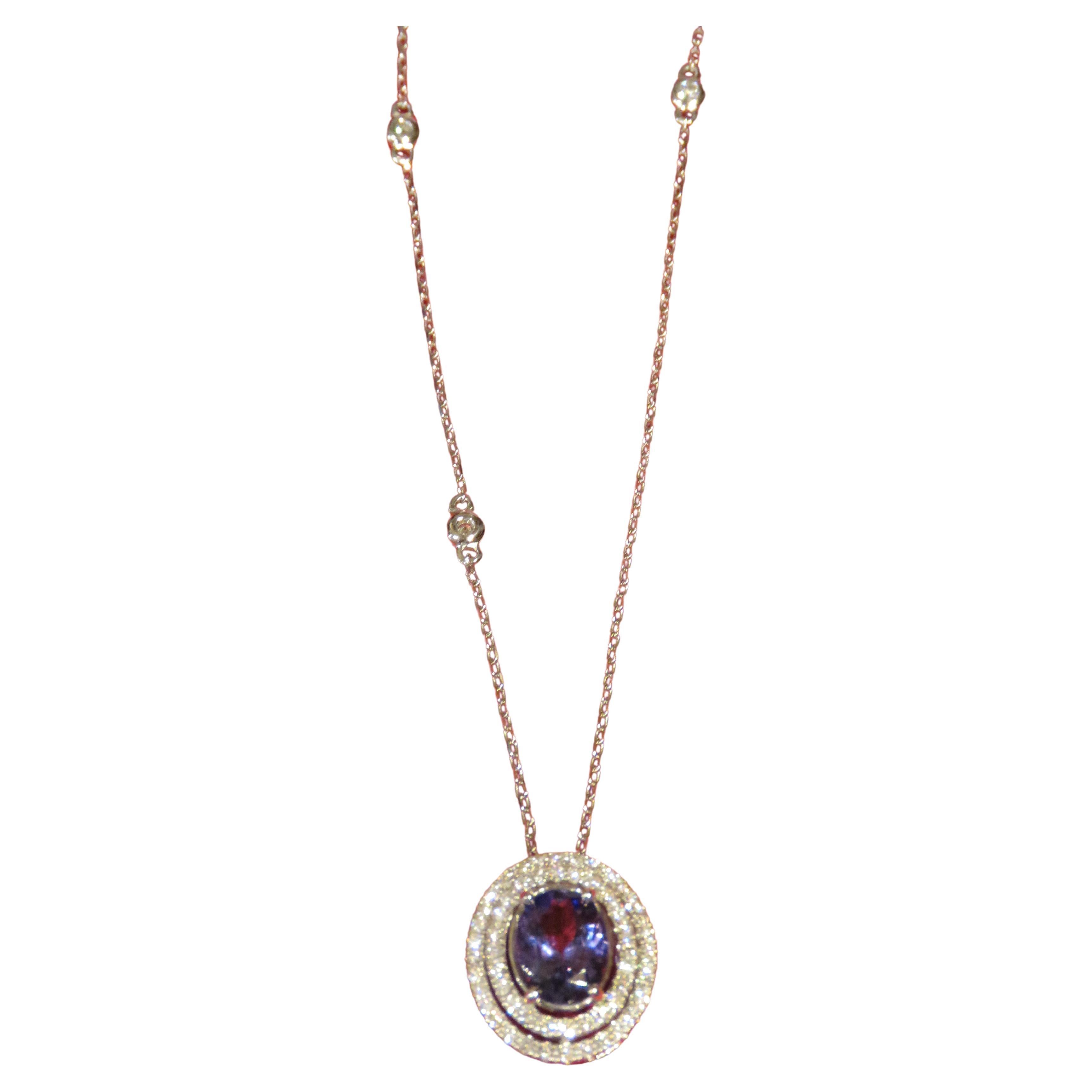 NWT $4, 000 Rare Gorgeous 18KT Gold Fancy Tanzanite and Diamond Pendant Necklace For Sale
