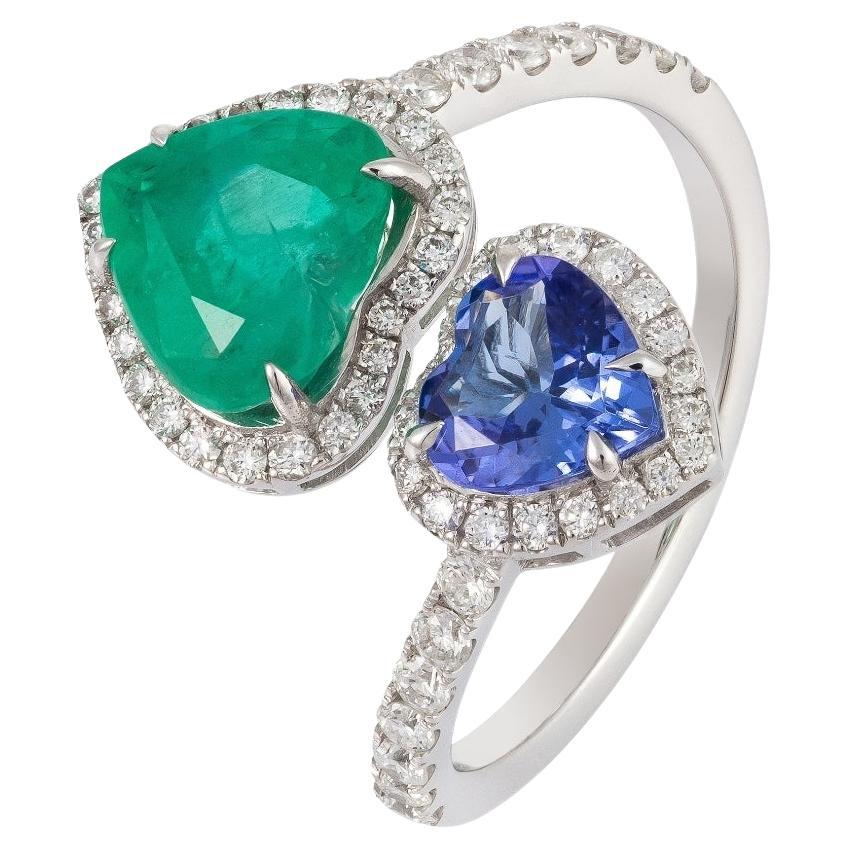 NWT $4, 750 Rare 18KT Gold Fancy Heart Tanzanite Emerald and Diamond Ring