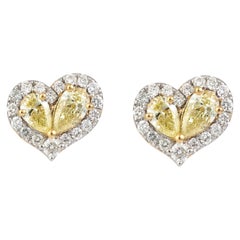 NWT $4, 800 18KT Large Fancy Glittering Yellow Diamond Heart Stud Earrings
