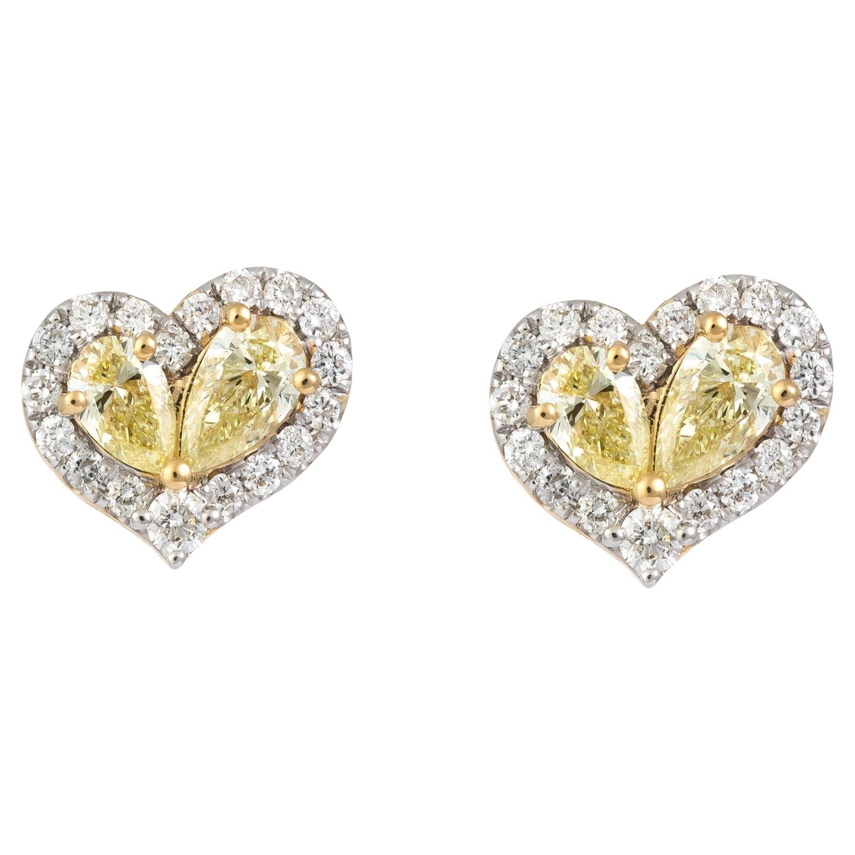 NWT $4, 800 18KT Large Fancy Glittering Yellow Diamond Heart Stud Earrings