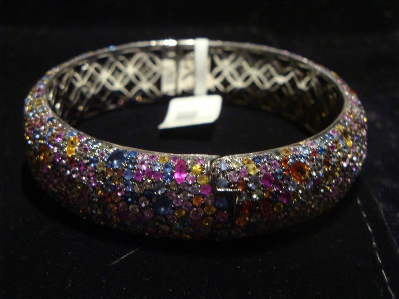 Mixed Cut NWT $4, 800 Fancy Glittering 30CT Rainbow Sapphire Bracelet Bangle Cuff For Sale