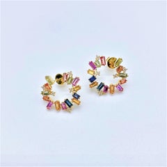 NWT $4, 889 Rare 18KT Gold Fancy Multi Color Baguette Sapphire Twist Earrings