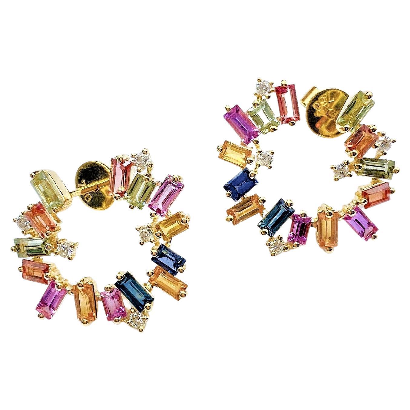 NWT $4, 889 Rare 18KT Gold Fancy Multi Color Baguette Sapphire Twist Earrings For Sale