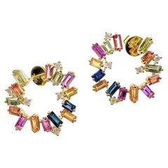 NWT $4, 889 Rare 18KT Gold Fancy Multi Color Baguette Sapphire Twist Earrings