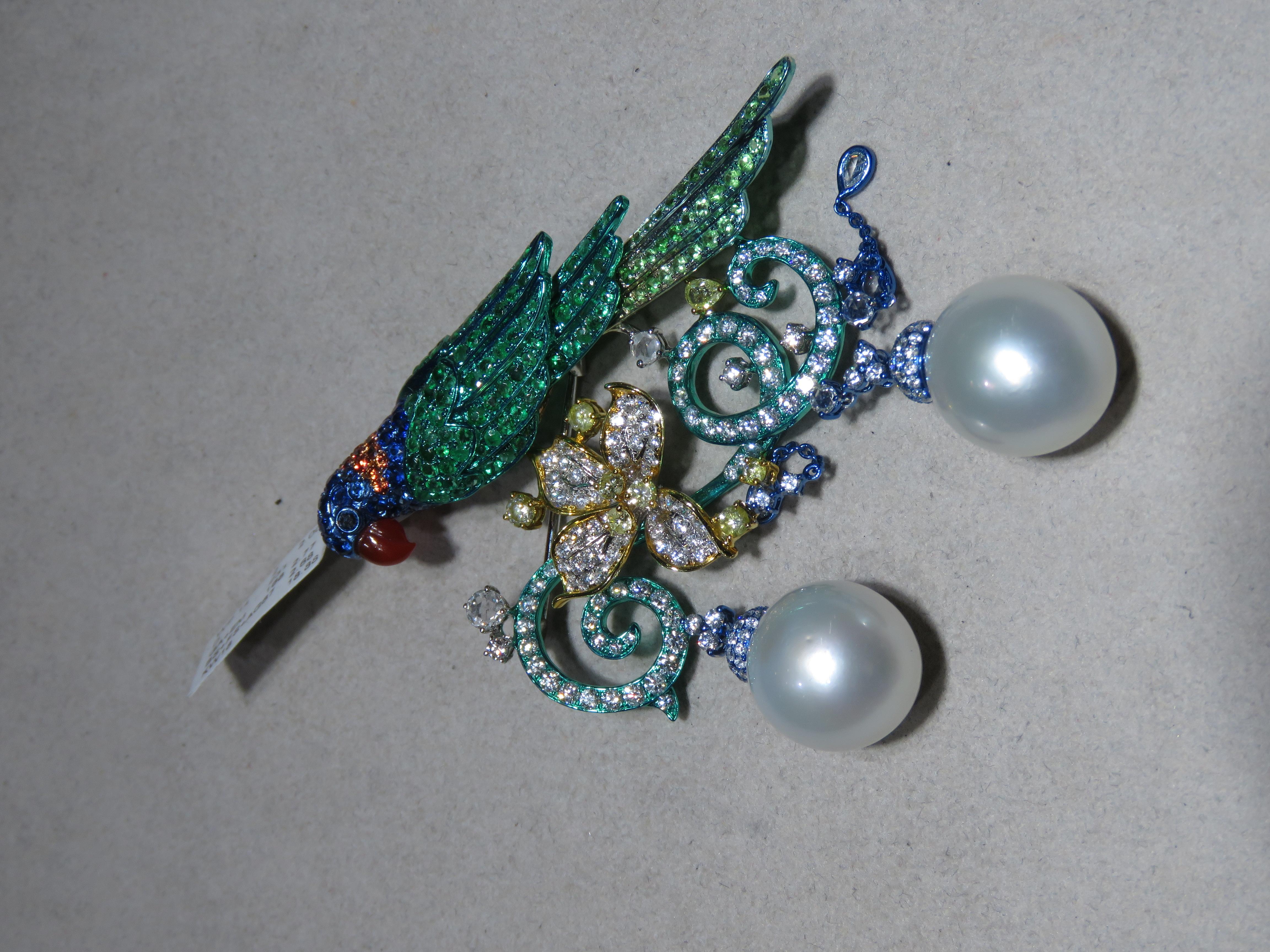 Women's NWT $40, 000 18KT South Sea Pearl Fancy Parrot Diamond Sapphire Emerald Brooch For Sale