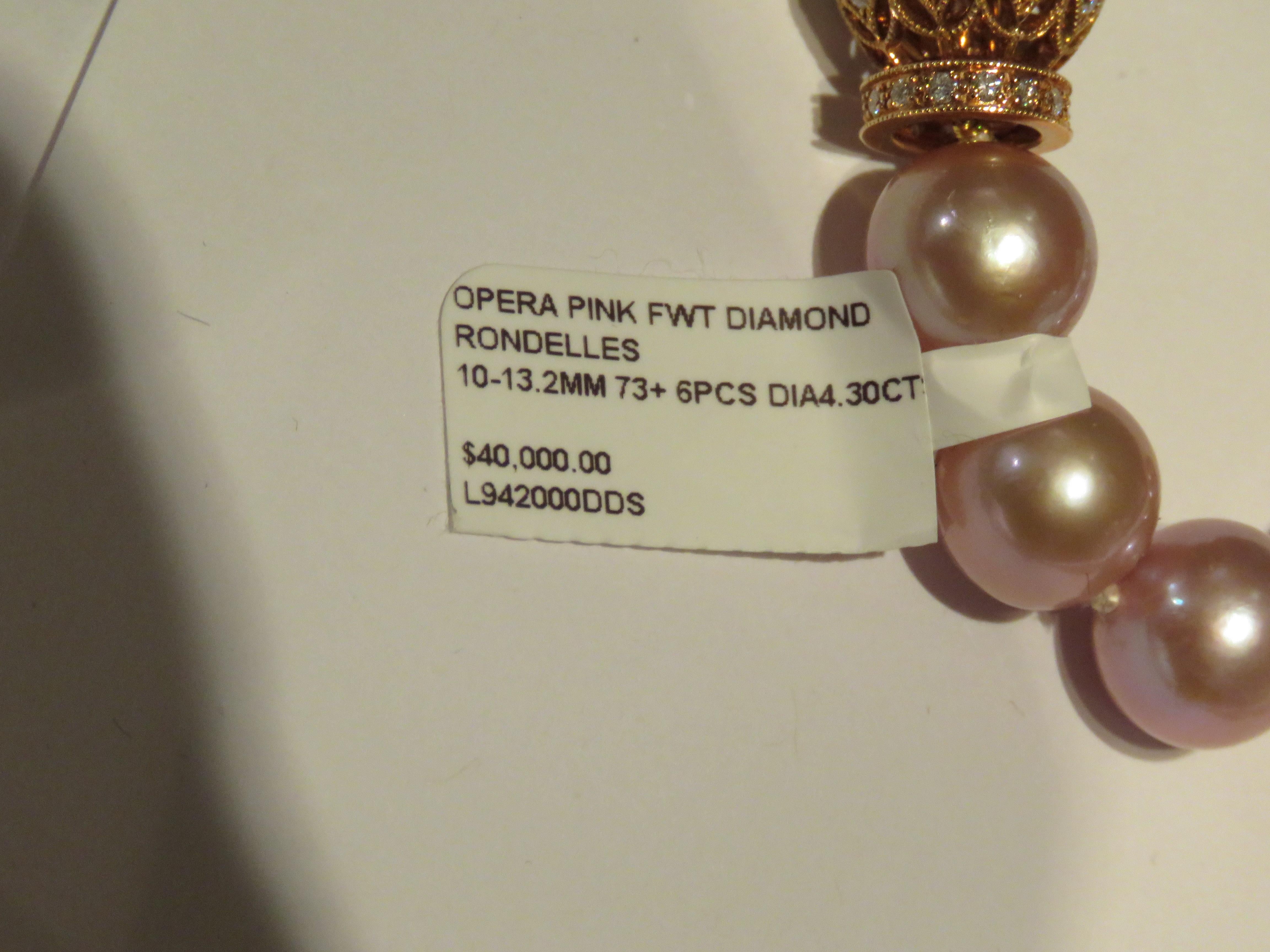 Round Cut NWT $40, 000 18KT Gold Fancy Pink South Sea Pearl Diamond Necklace For Sale