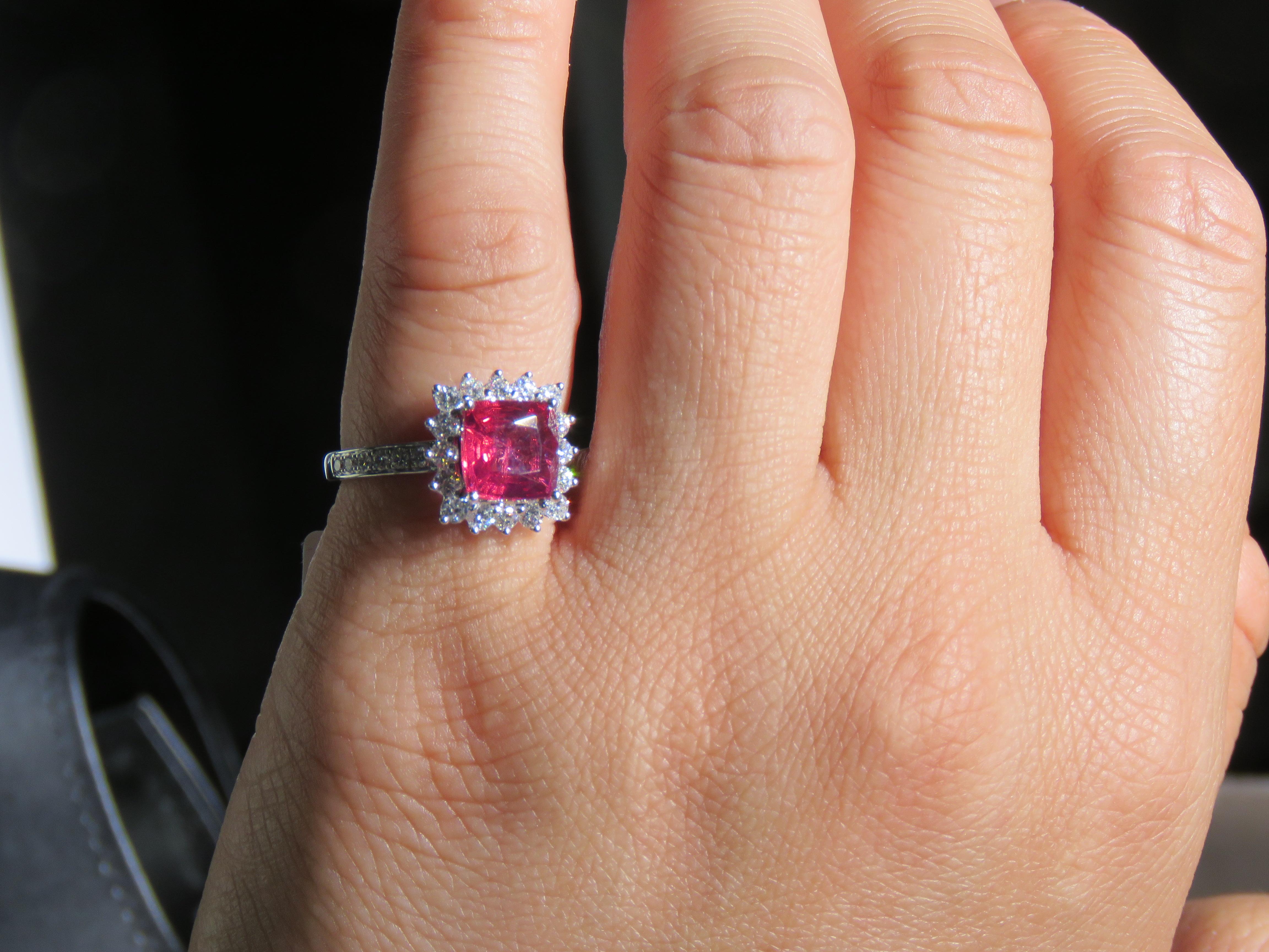 The Following Item we are offering is this Rare Important Radiant 18KT Gold Gorgeous Glittering and Sparkling Magnificent Fancy Certified Natural Red Spinel Diamond Ring. Ring contains approx 3.50CTS of Beautiful Fancy Colored Spinel and Diamonds!!!