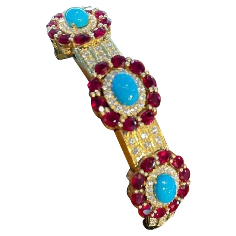 NWT $42, 000 18KT Gold Fancy Turquoise Ruby Diamond Bangle Bracelet en vente