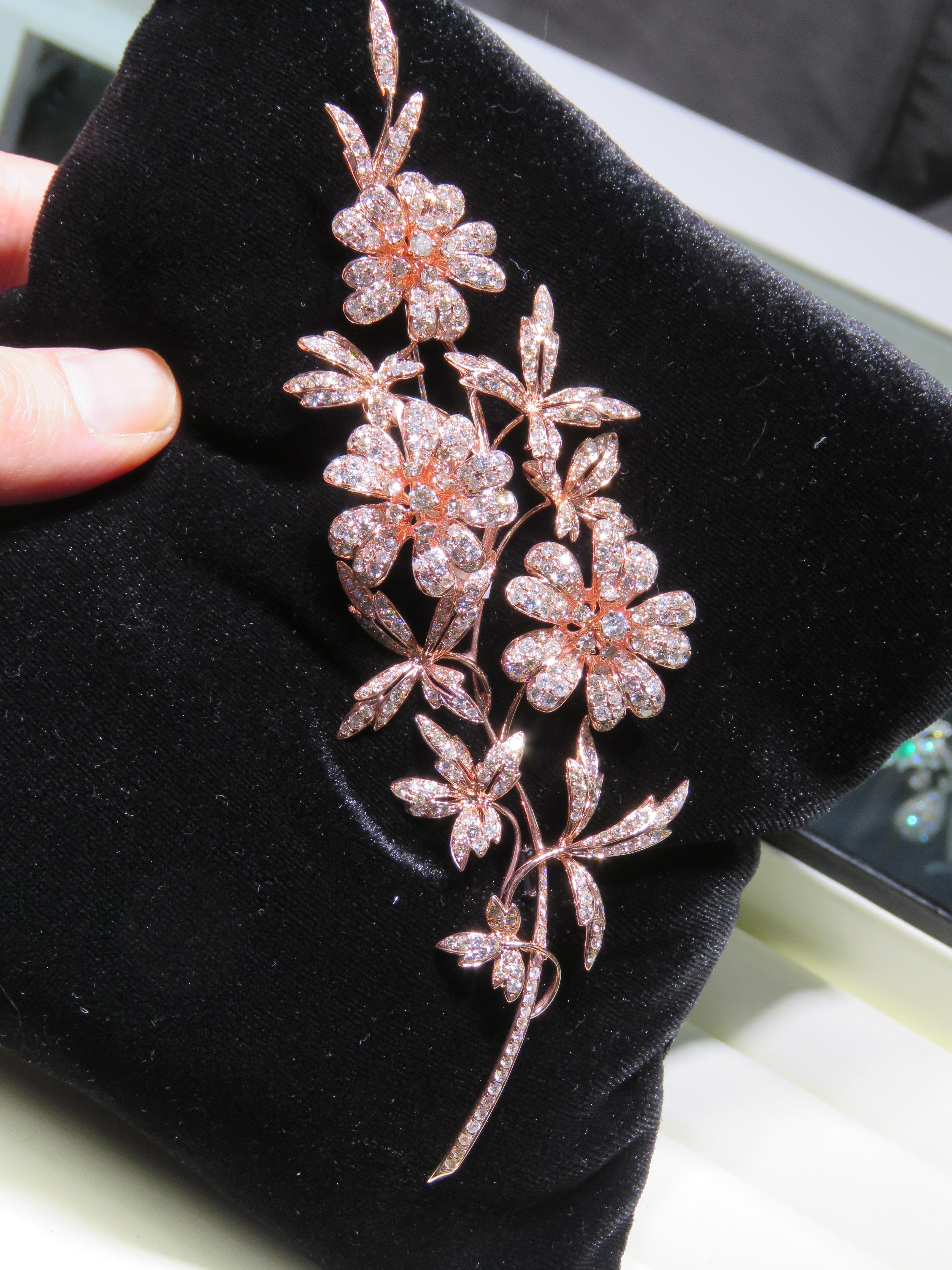 The Following Item we are offering is a Rare Important Original 18KT Rose Gold Large Flower Diamond Brooch Pin Pendant. This Rare Piece Magnificent Rare Fancy Round Diamonds forming Large Flowers. Stones are Very Clean and Extremely Fine!  Approx
