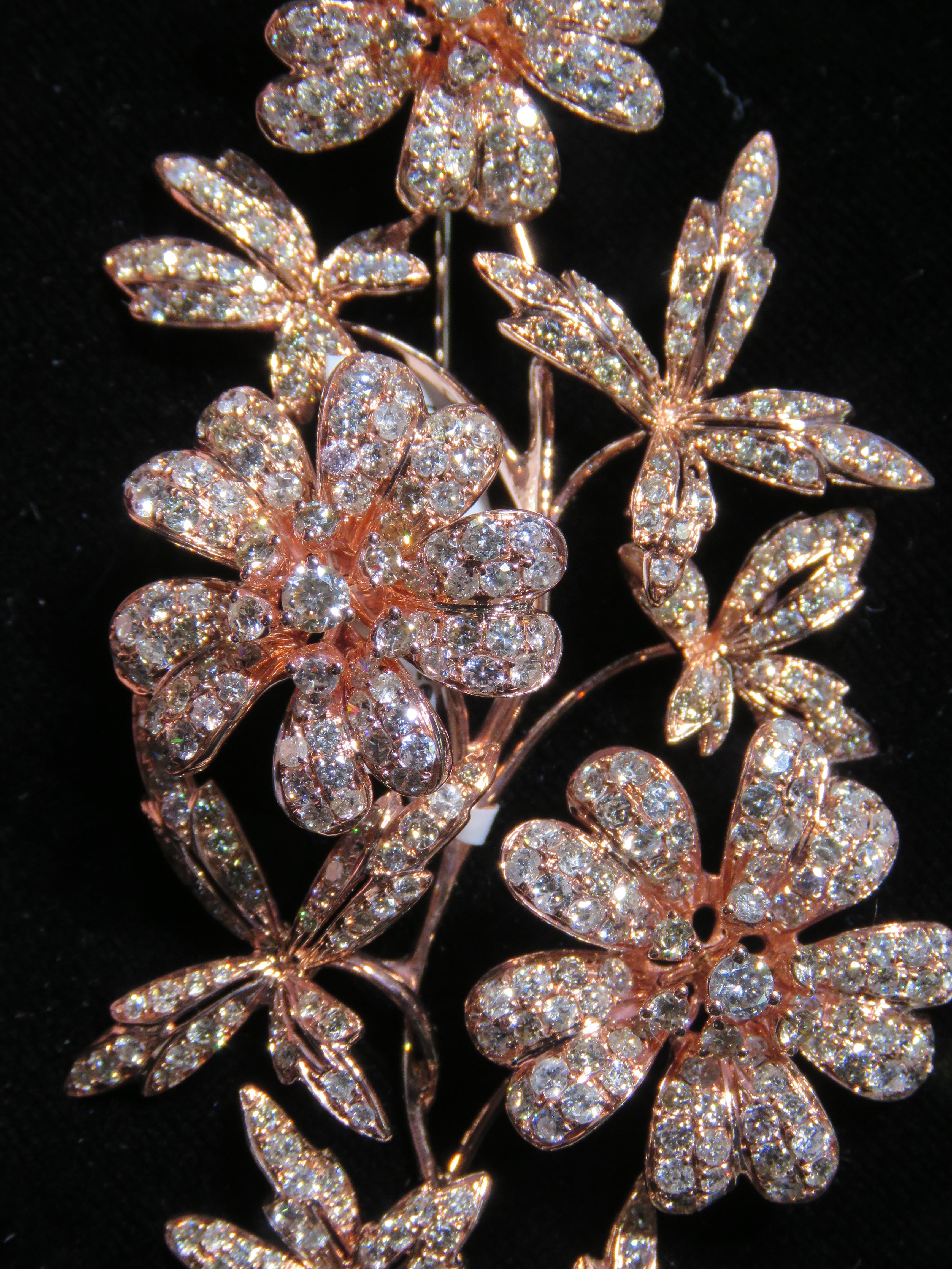 Mixed Cut NWT $43, 800 Large 18KT Rose Gold Fancy Glittering Flower Diamond Brooch For Sale