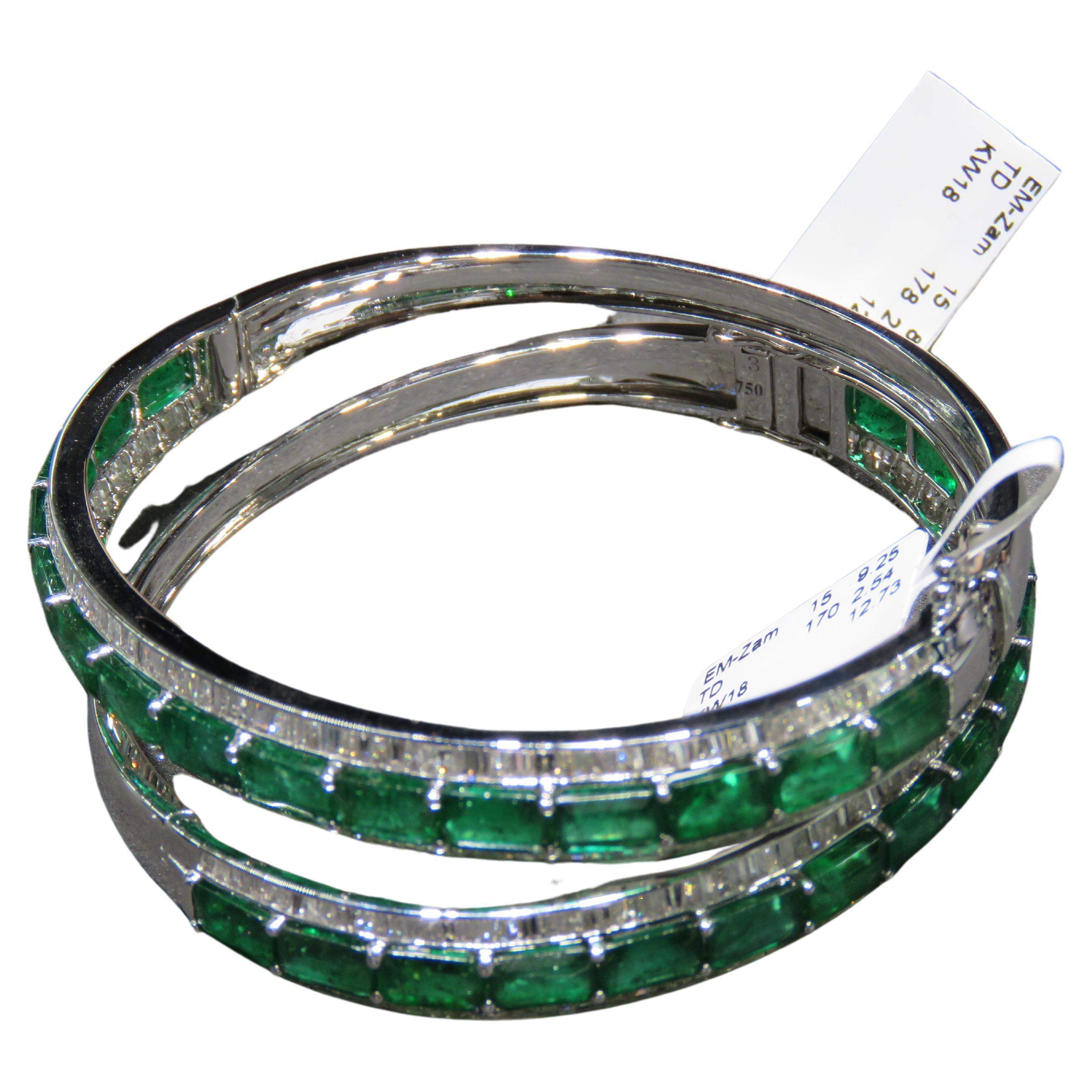 NWT $45, 600 Rare Pair 18KT Gold Fancy Emerald Diamond Bracelets Bangles Cuffs For Sale