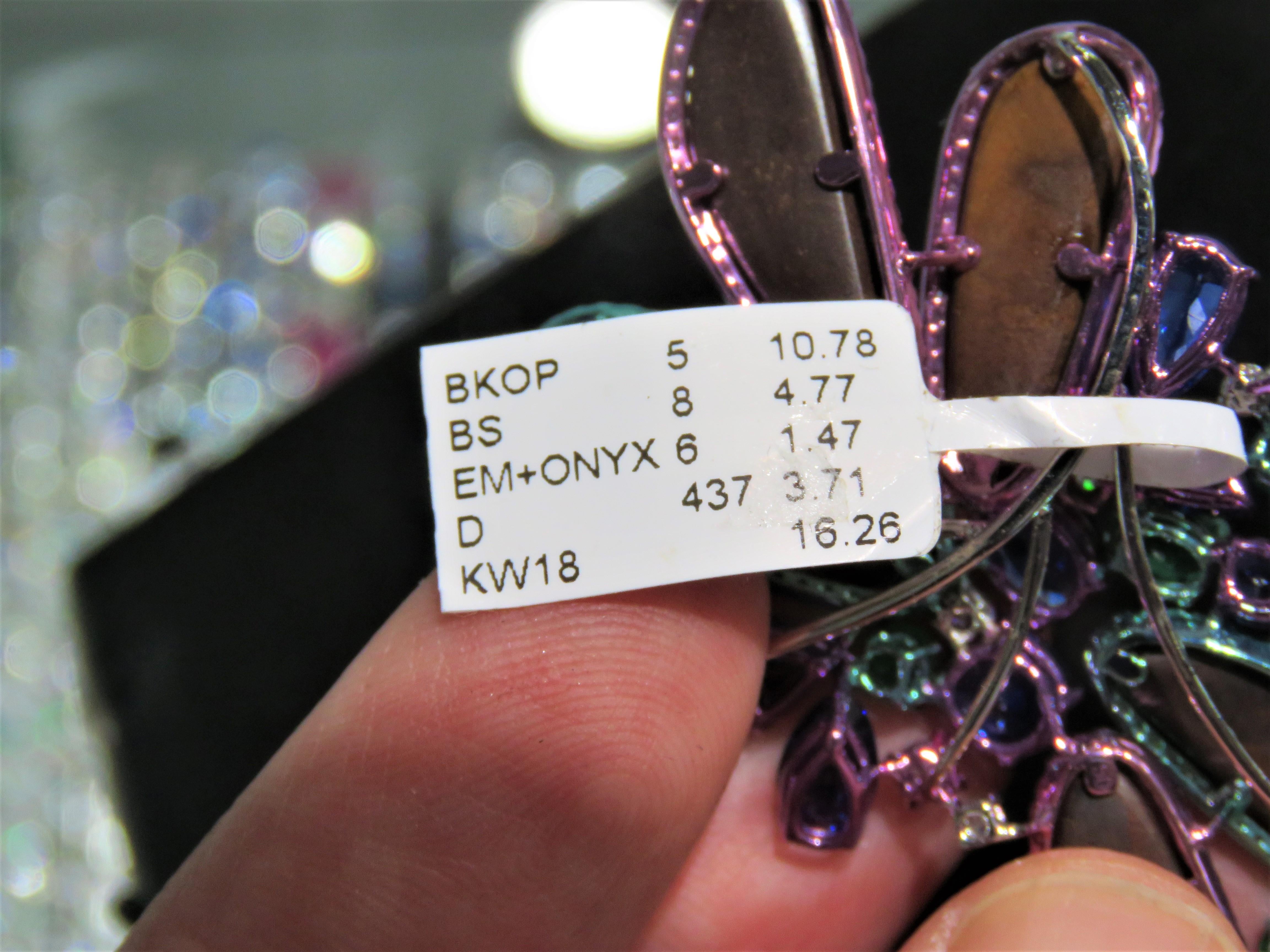 Mixed Cut NWT $46, 800 Rare 18KT Black Opal Fancy Parrot Diamond Sapphire Emerald Brooch For Sale